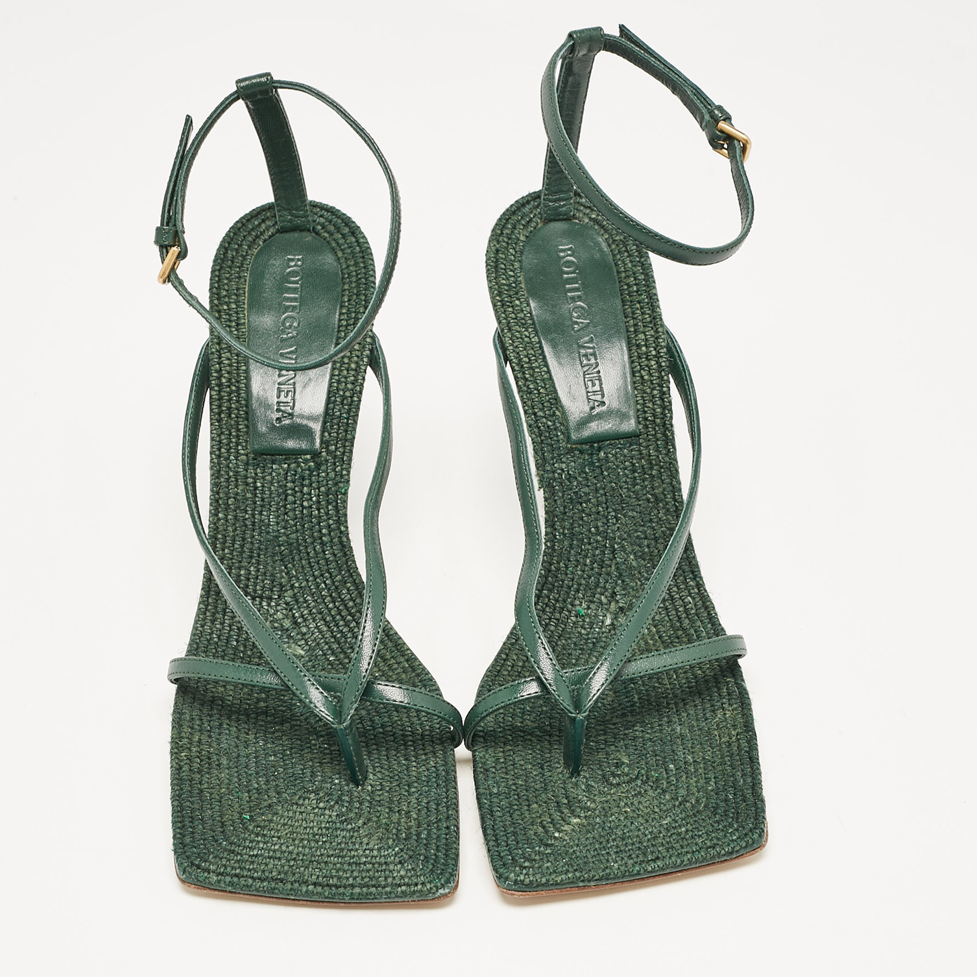 Bottega Veneta Green Leather Stretch Ankle Strap Sandals Size 37 
