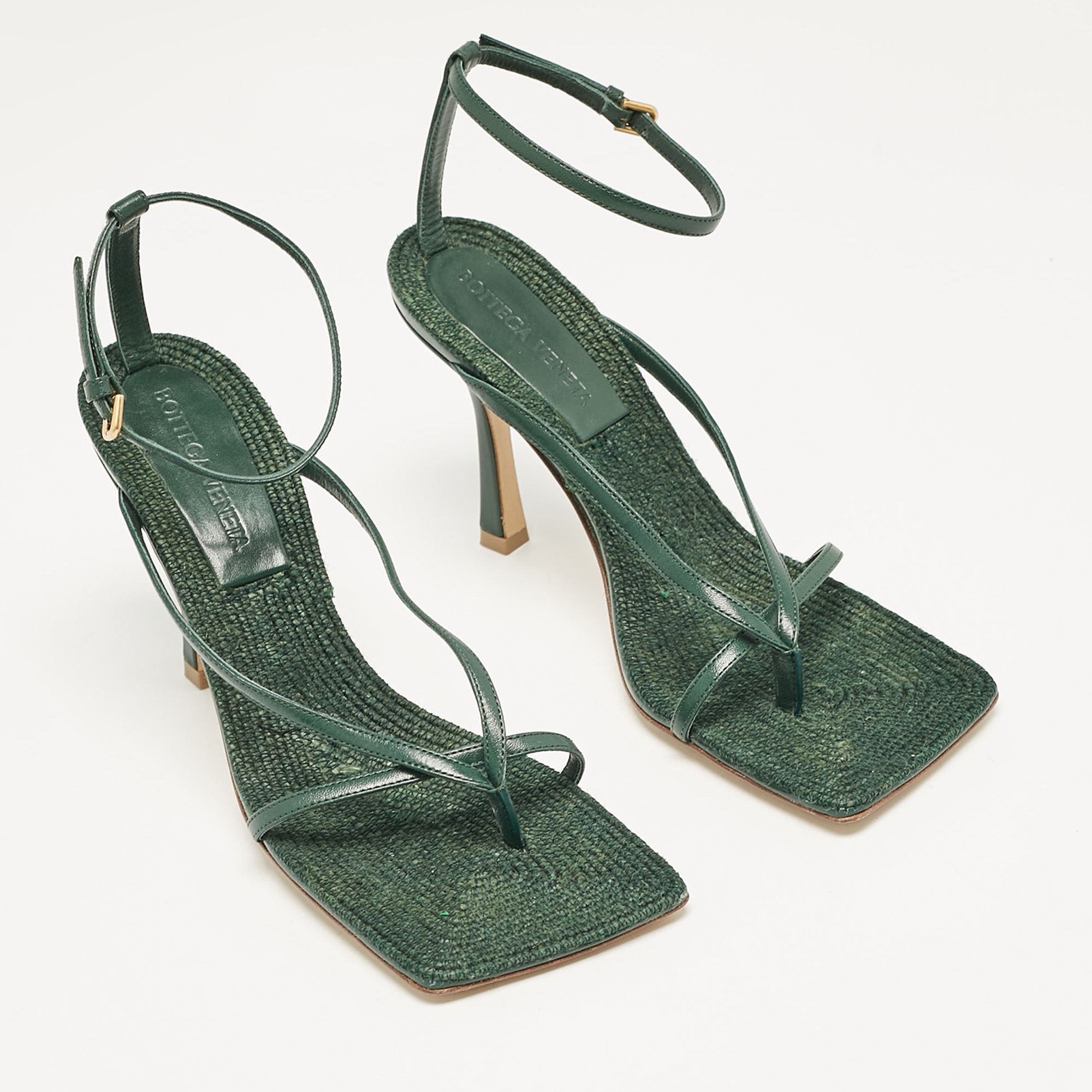 Bottega Veneta Green Leather Stretch Ankle Strap Sandals Size 37 