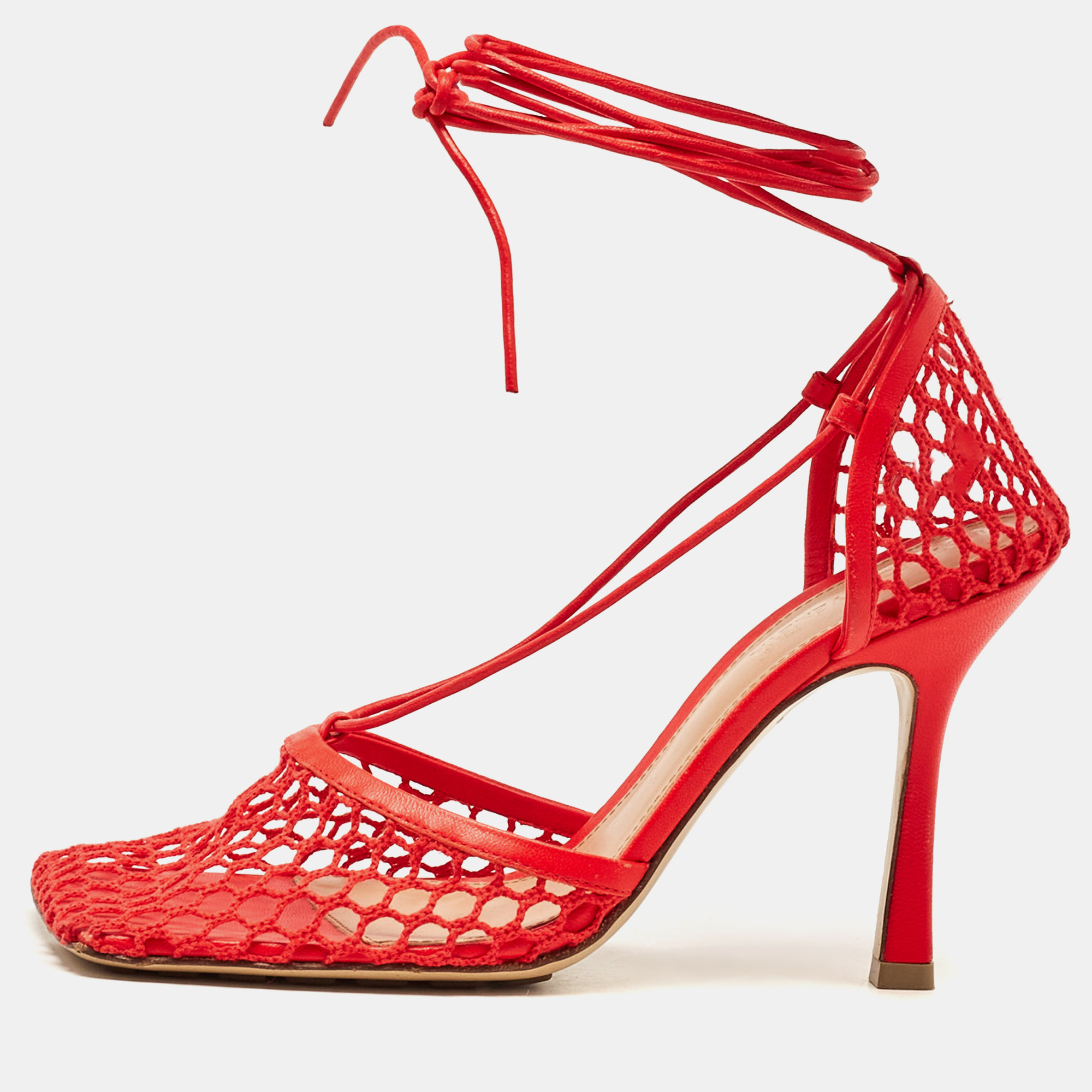 

Bottega Veneta Coral Red Mesh and Leather Stretch Wrap Pumps Size