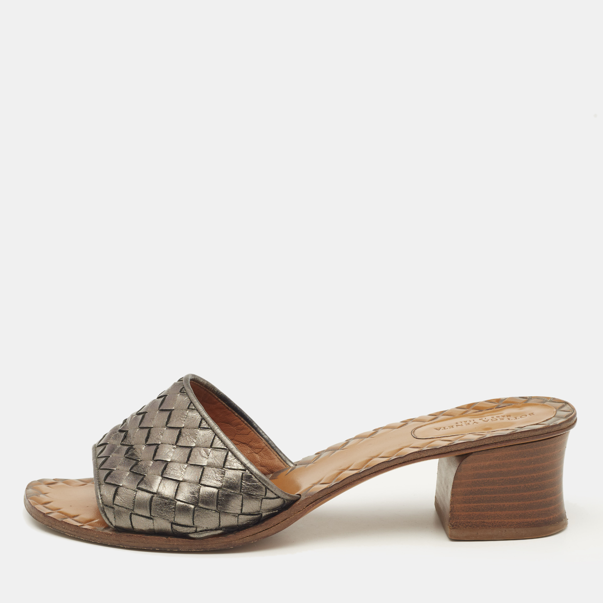 

Bottega Veneta Metallic Intrecciato Leather Ravello Slide Sandals Size