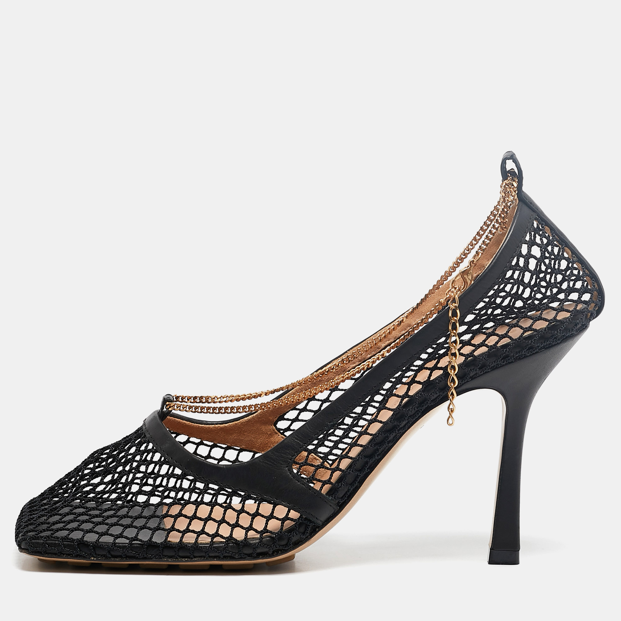 

Bottega Veneta Black Mesh and Leather Stretch Ankle Strap Pumps Size