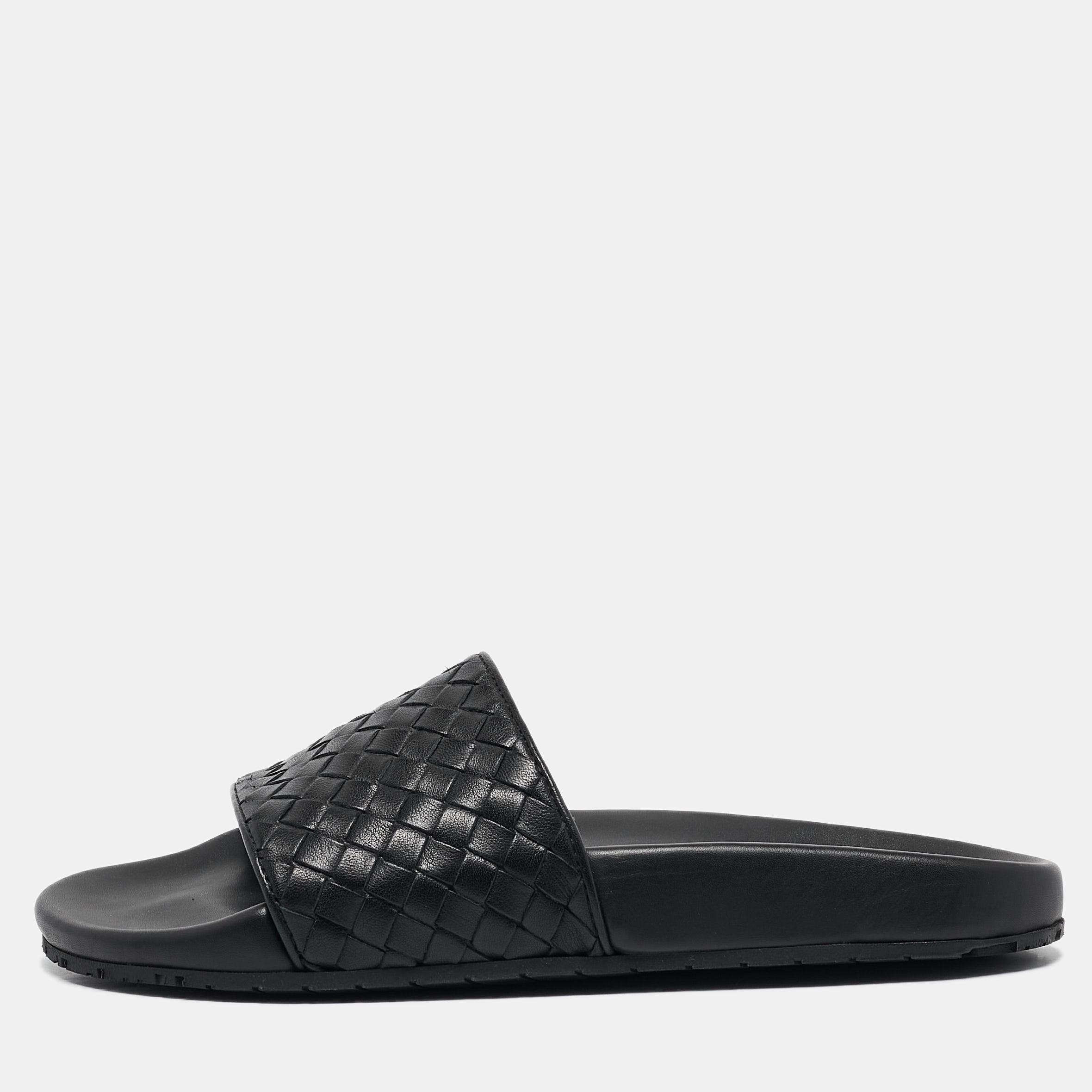 

Bottega Veneta Black Intrecciato Leather Flat Slides Size