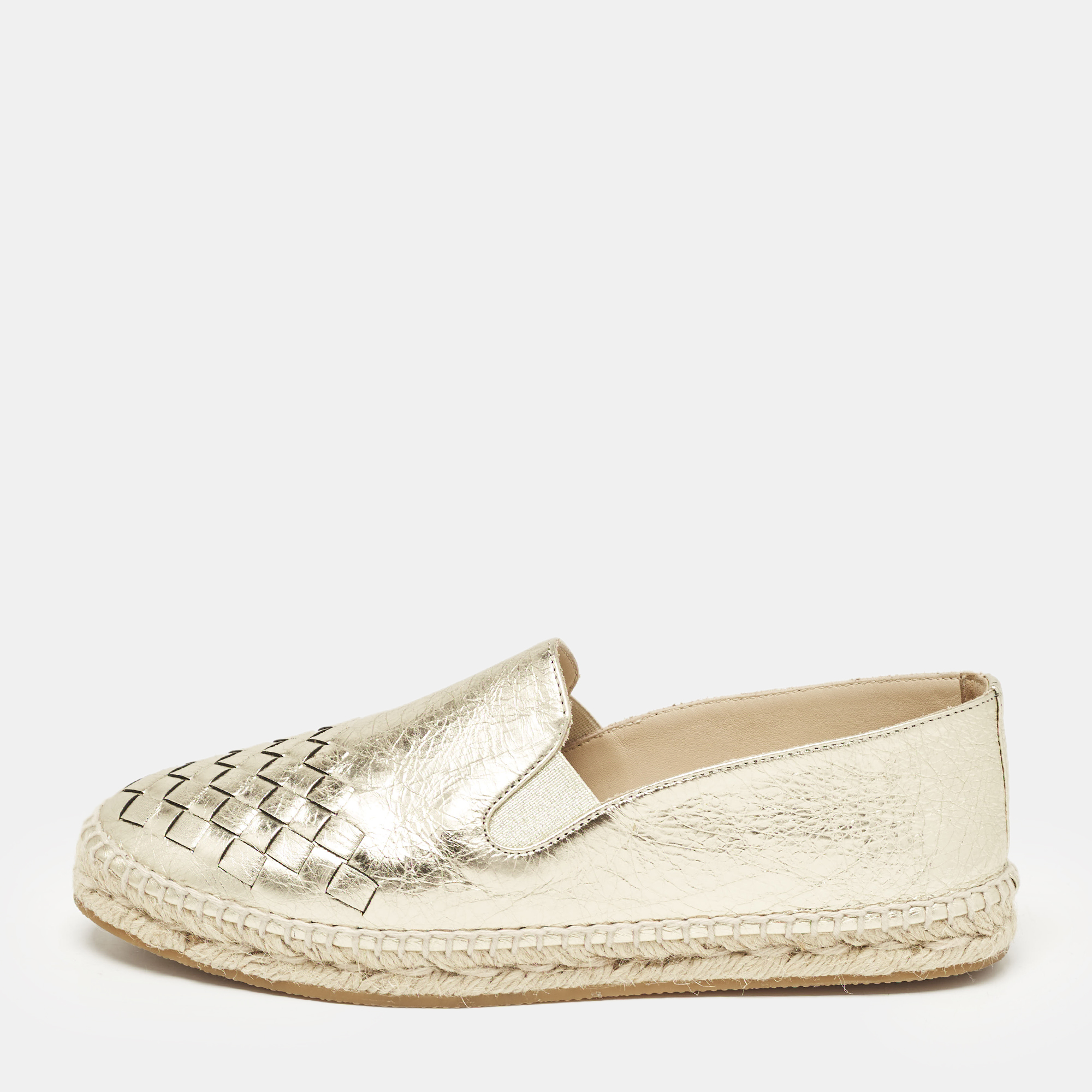 

Bottega Veneta Gold Intrecciato Leather Espadrille Flats Size