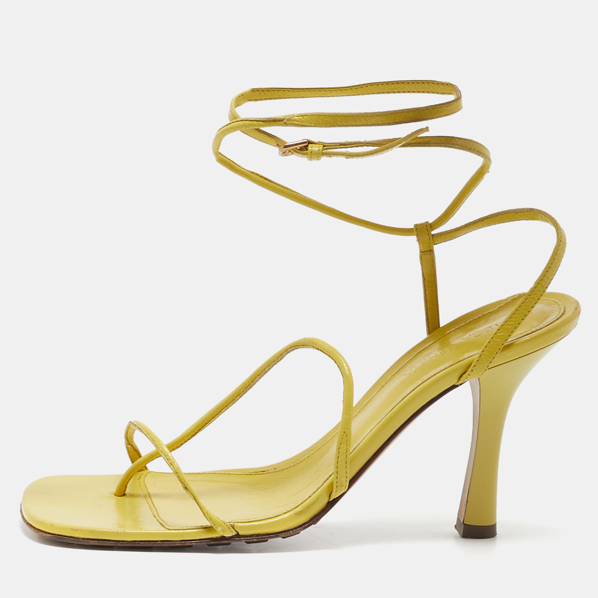 

Bottega Veneta Yellow Leather Square Toe Ankle Strap Sandals Size