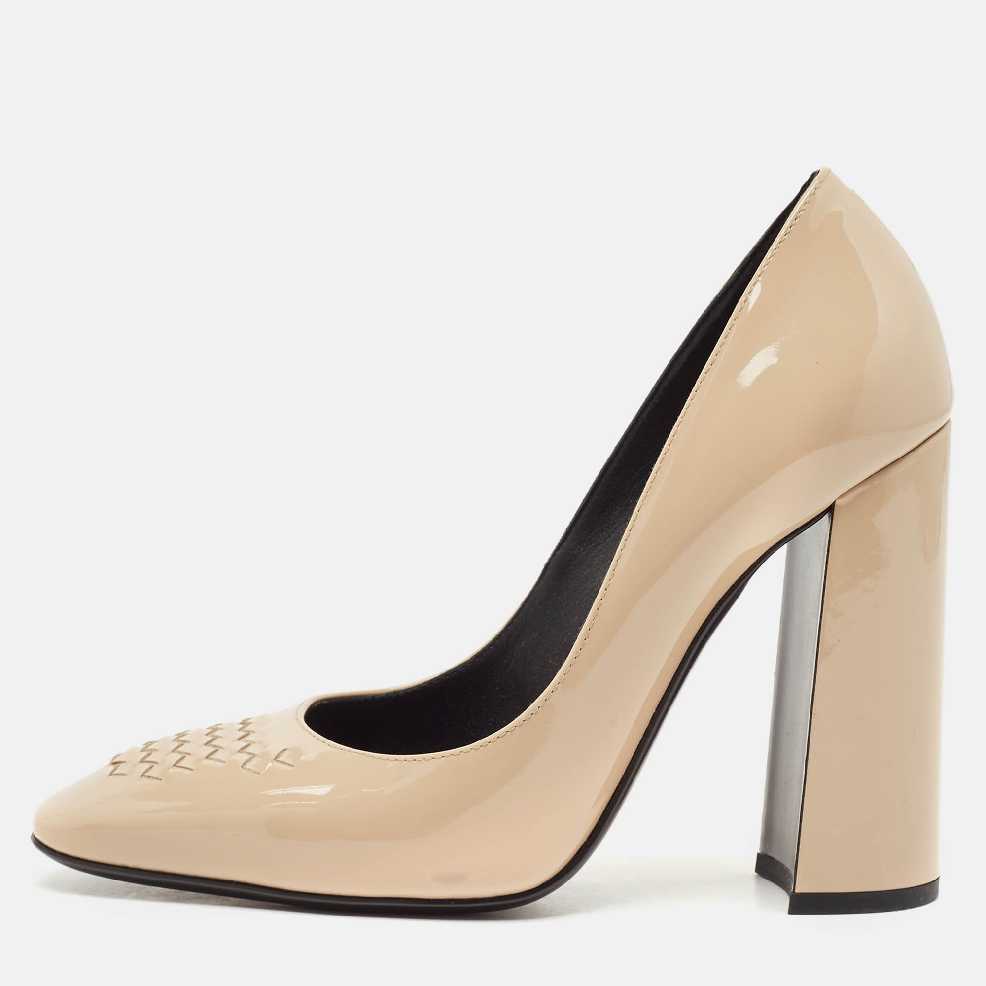 

Bottega Veneta Beige Patent Leather Intrecciato Detail Block Heel Pumps Size