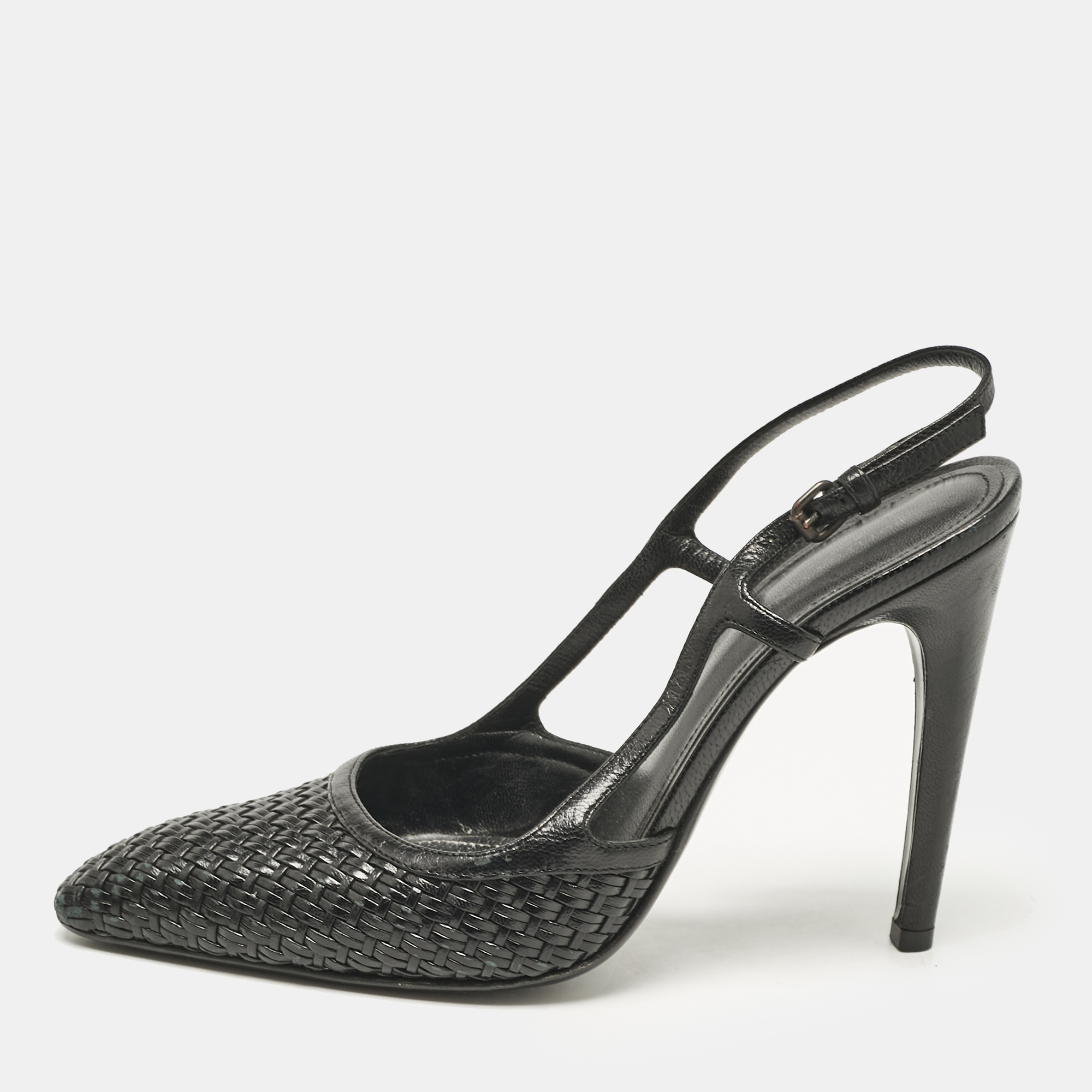 

Bottega Veneta Black Woven Leather Slingback Sandals Size