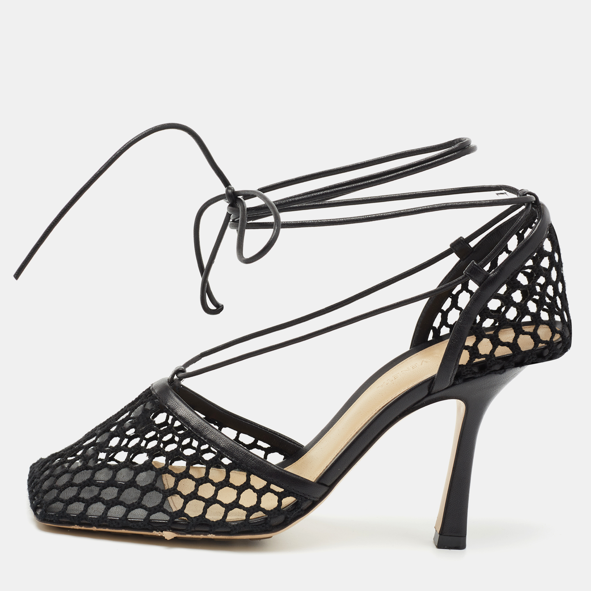 

Bottega Veneta Black Mesh and Leather Stretch Ankle Strap Pumps Size