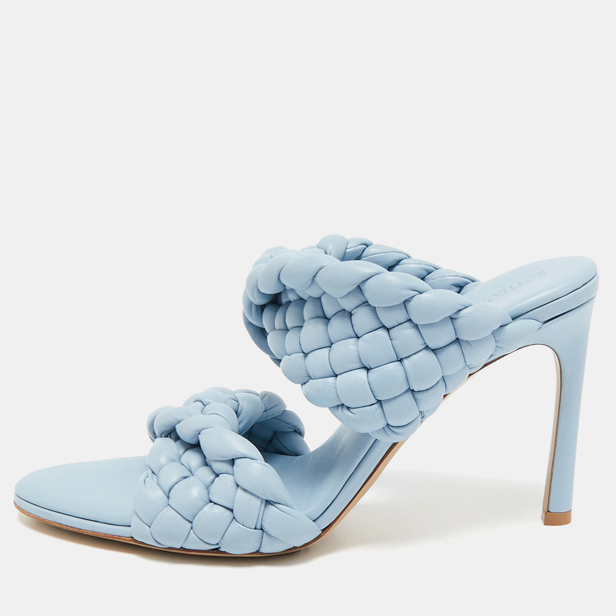 

Bottega Veneta Blue Intrecciato Leather Curve Slide Sandals Size