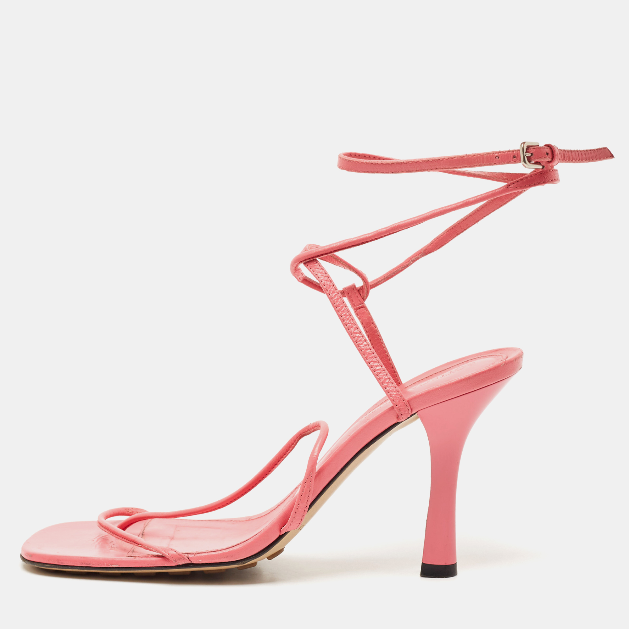 

Bottega Veneta Pink Leather Square Toe Ankle Strap Sandals Size