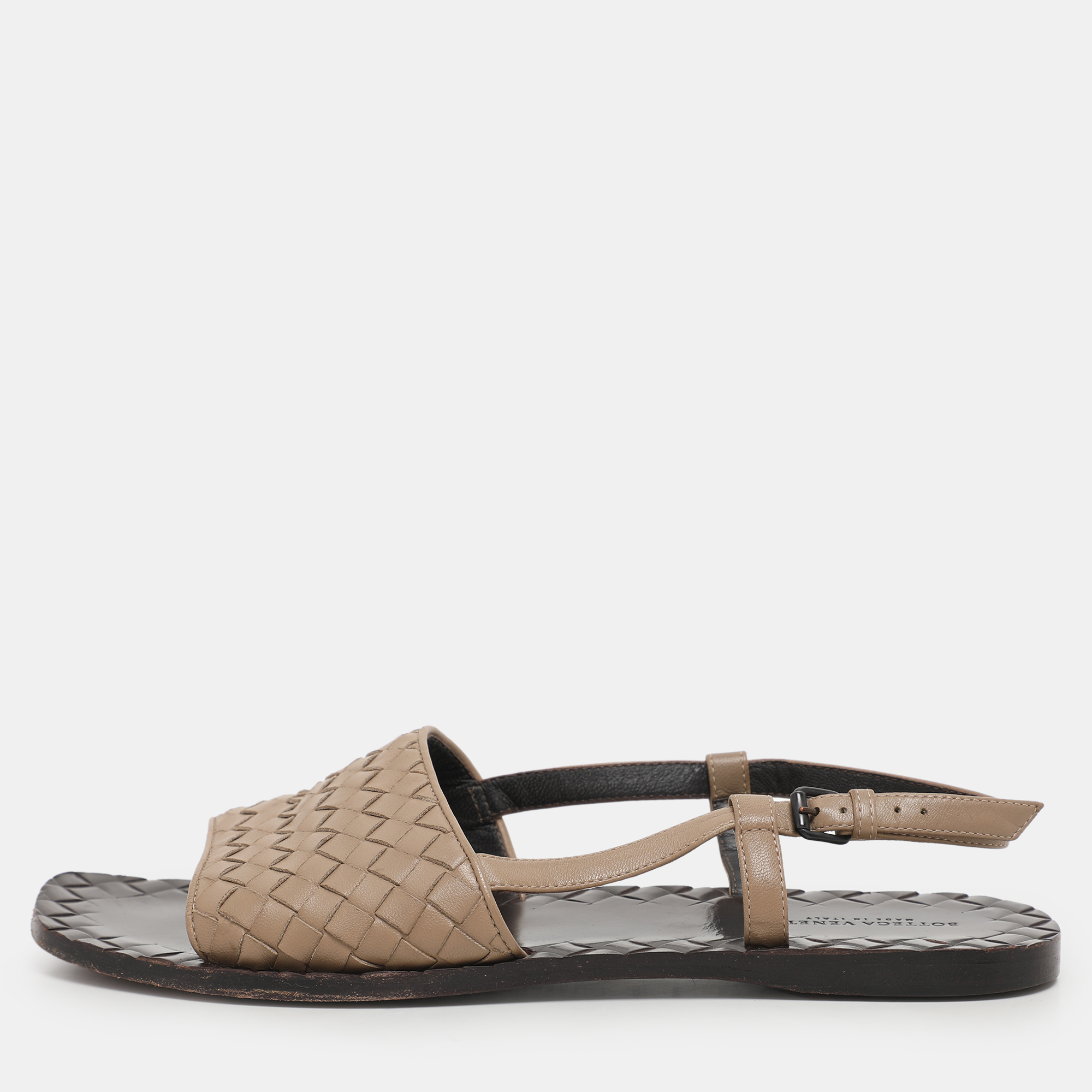 

Bottega Veneta Beige Intrecciato Leather Calvados Slingback Flat Sandals Size