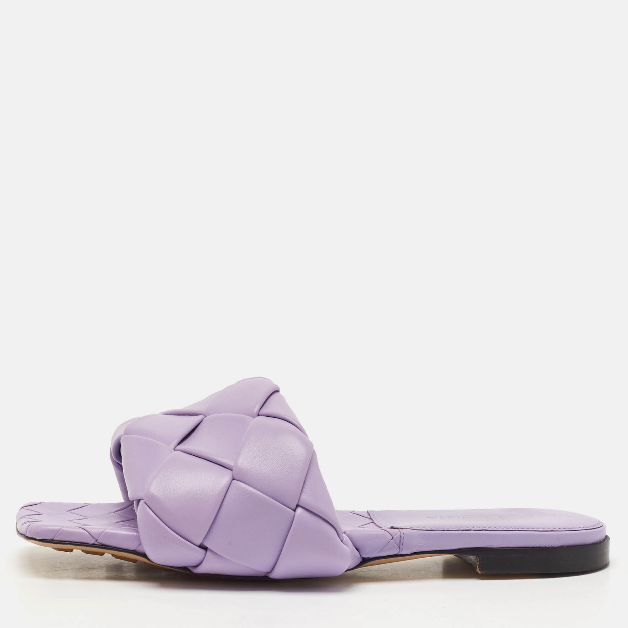 

Bottega Veneta Purple Intrecciato Leather Flat Slides Size