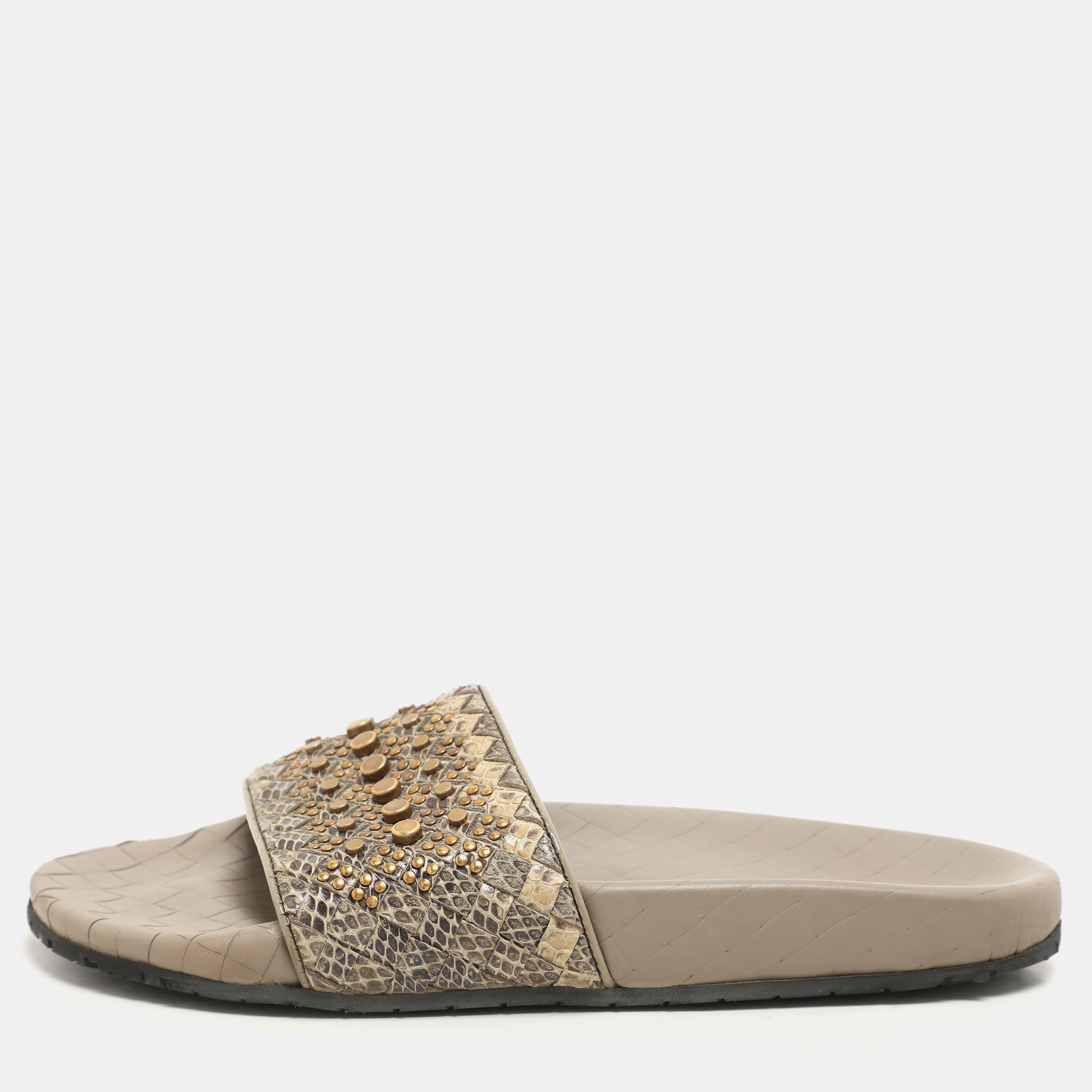 

Bottega Veneta Brown/Grey Python Embellished Flat Slides Size