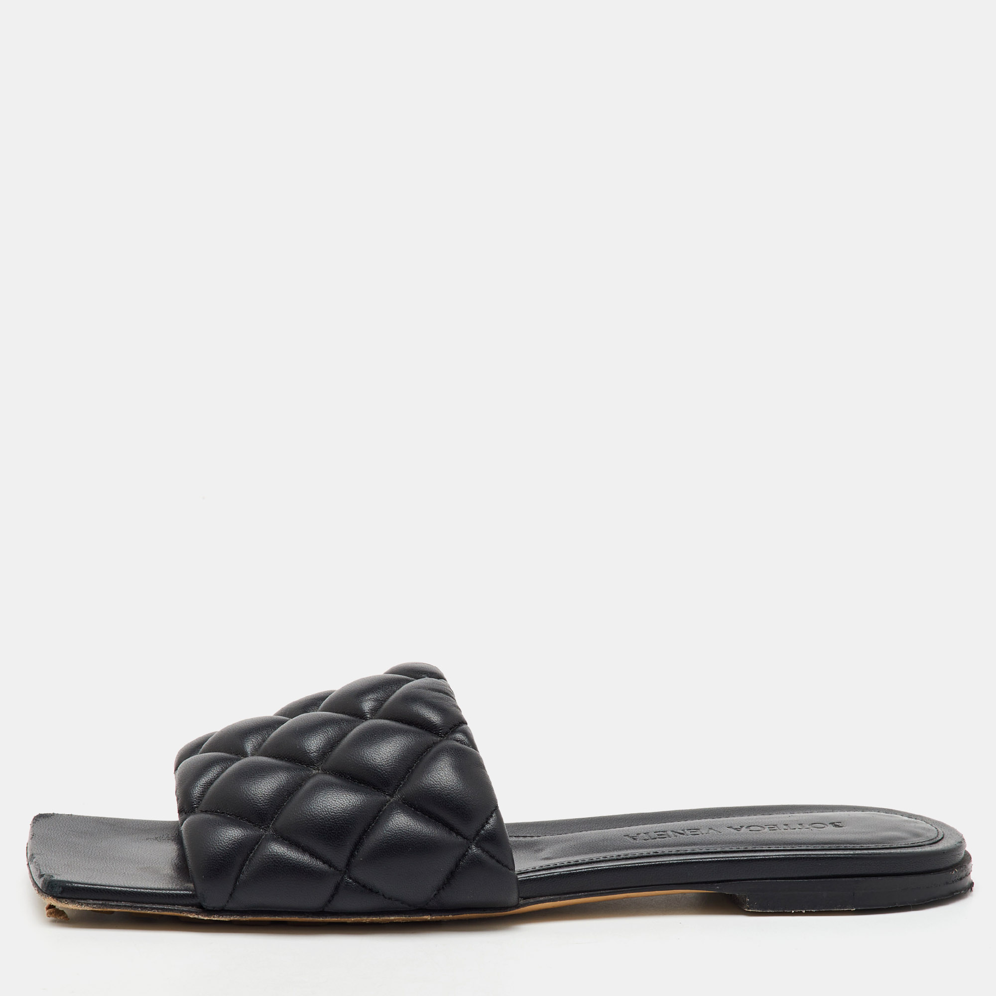 

Bottega Veneta Black Quilted Leather Lido Flat Slide Sandals Size