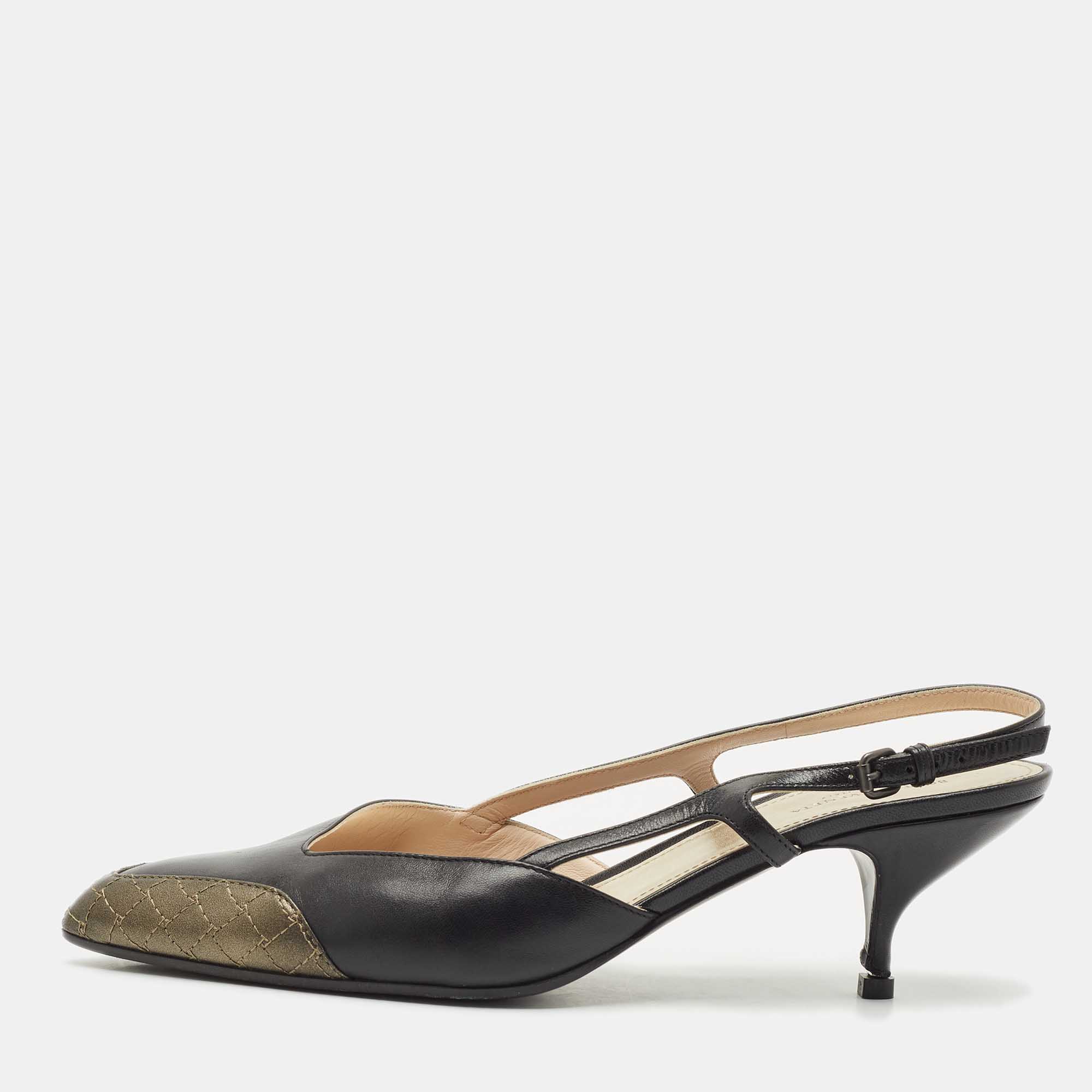

Bottega Veneta Black/Metallic Leather Slingback Pumps Size