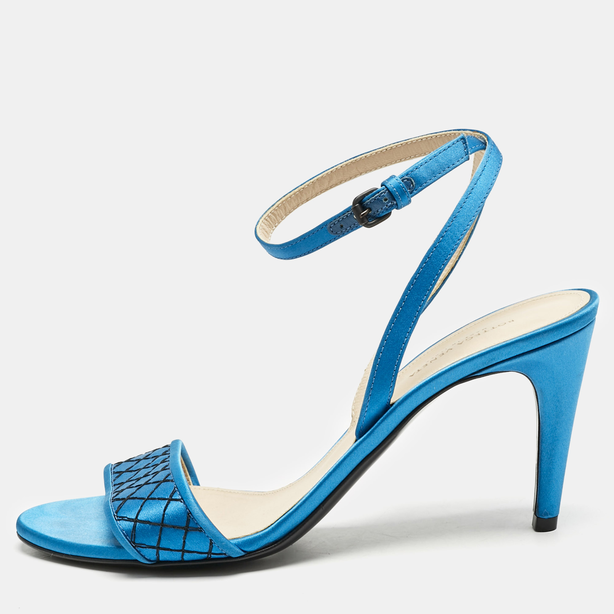 

Bottega Veneta Blue/Black Satin Ankle Strap Sandals Size