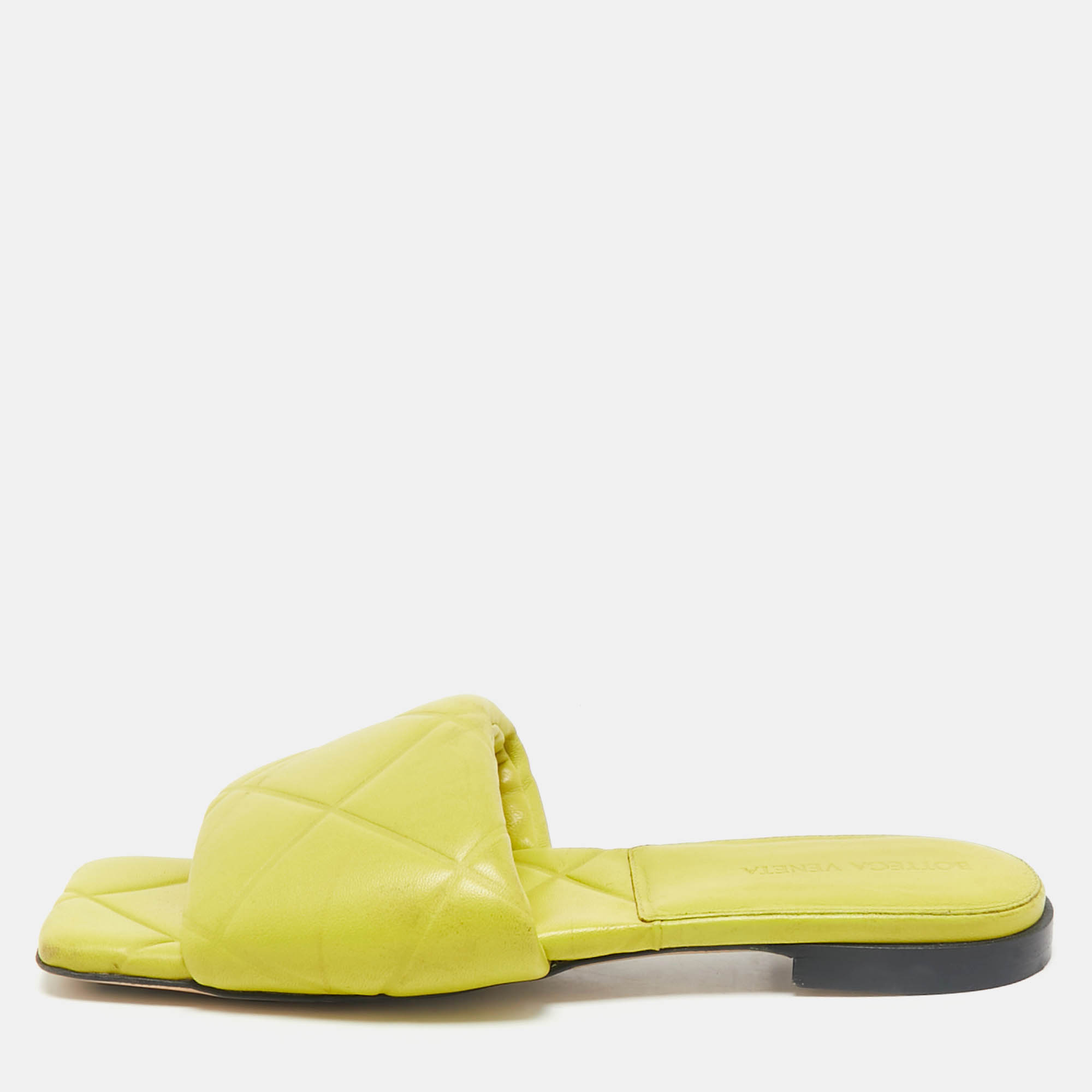 Pre-owned Bottega Veneta Lime Green Quilted Leather Lido Flats Size 37