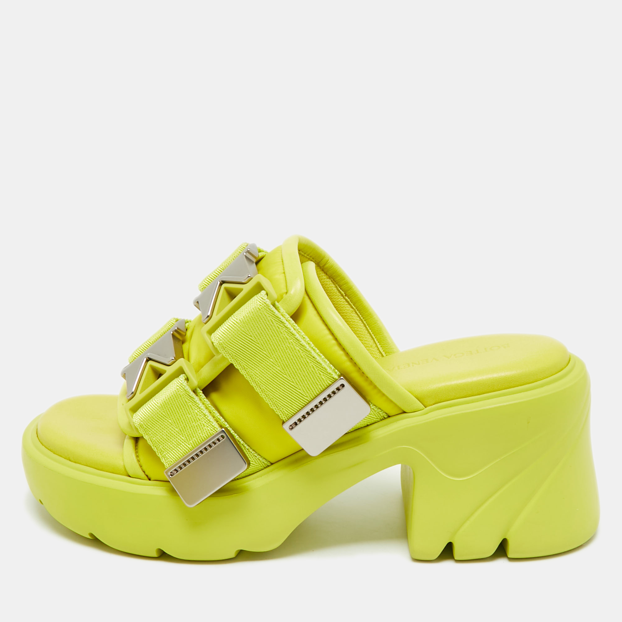 

Bottega Veneta Neon Yellow Nylon and Leather Flash Platform Slide Sandals Size