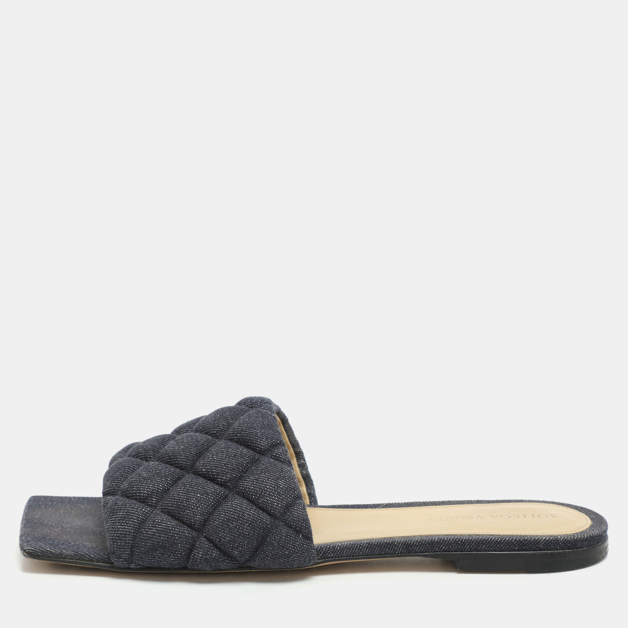 

Bottega Veneta Navy Blue Quilted Denim Padded Slide Flats Size