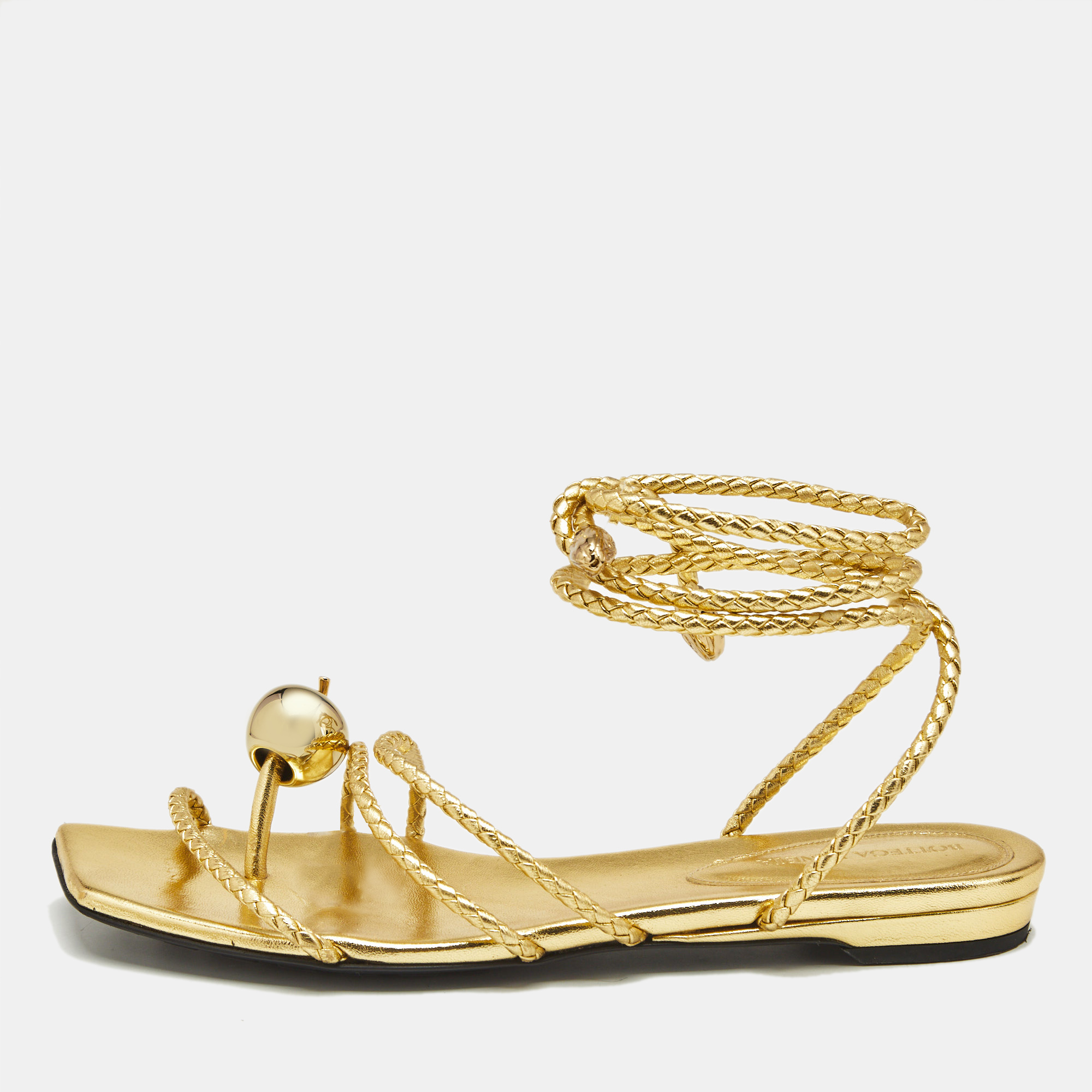 

Bottega Veneta Gold Leather Ankle Wrap Flat Sandals Size