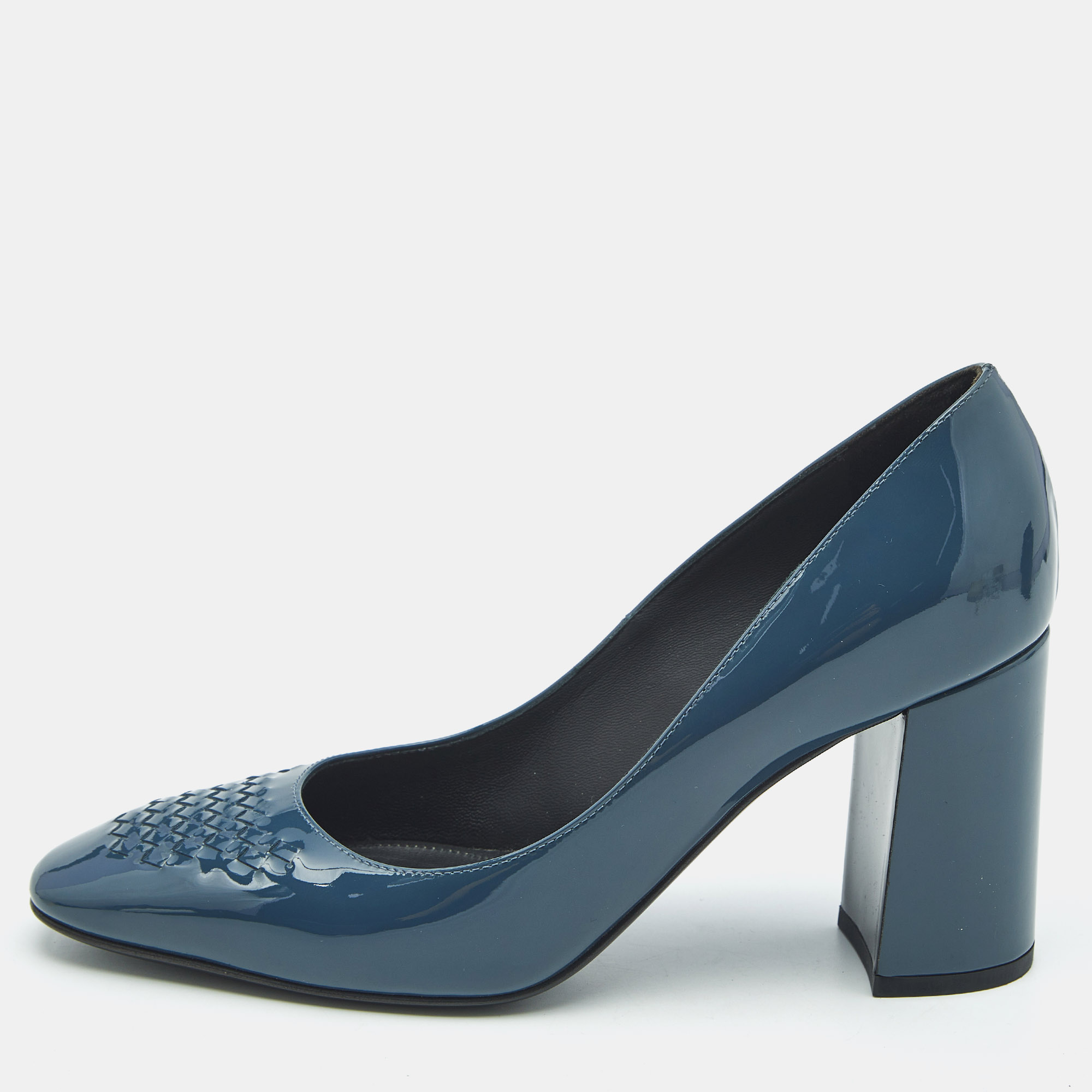 

Bottega Veneta Blue Intrecciato Patent Leather Block Heel Pumps Size