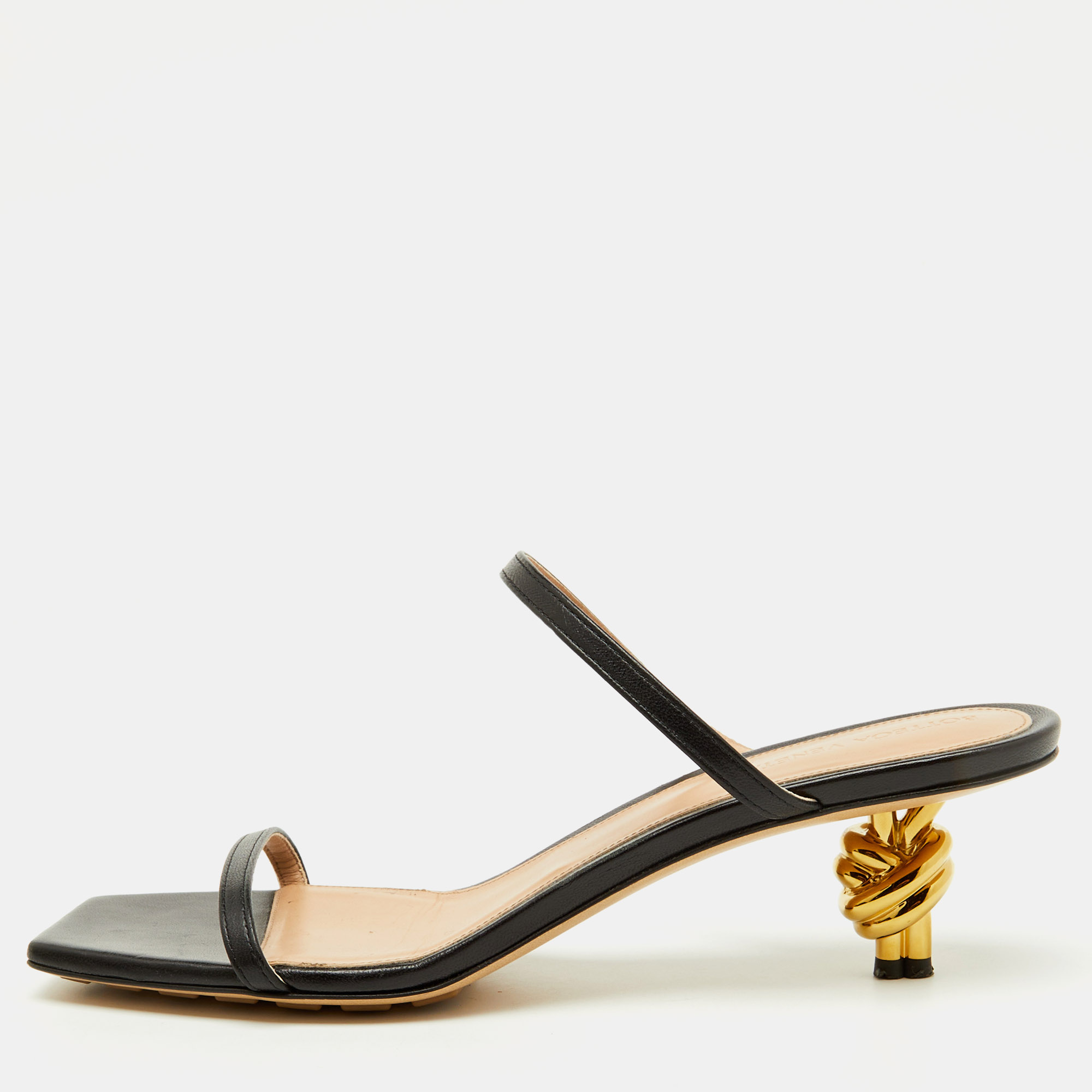 

Bottega Veneta Black Leather Knot Detail Heel Slide Sandals Size