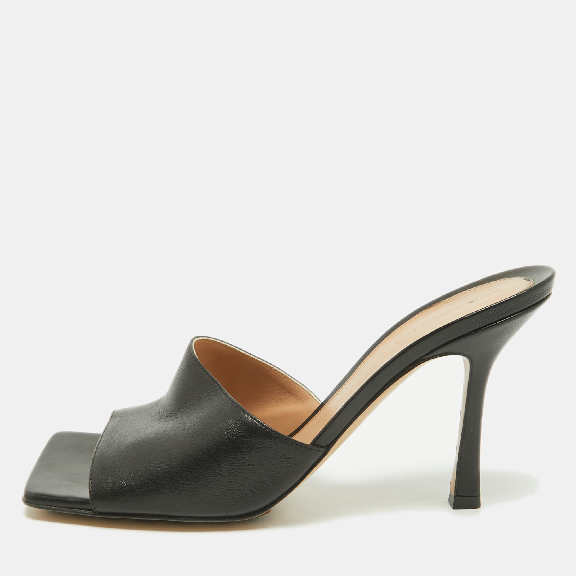 

Bottega Veneta Black Leather Stretch Square Toe Slide Sandals Size