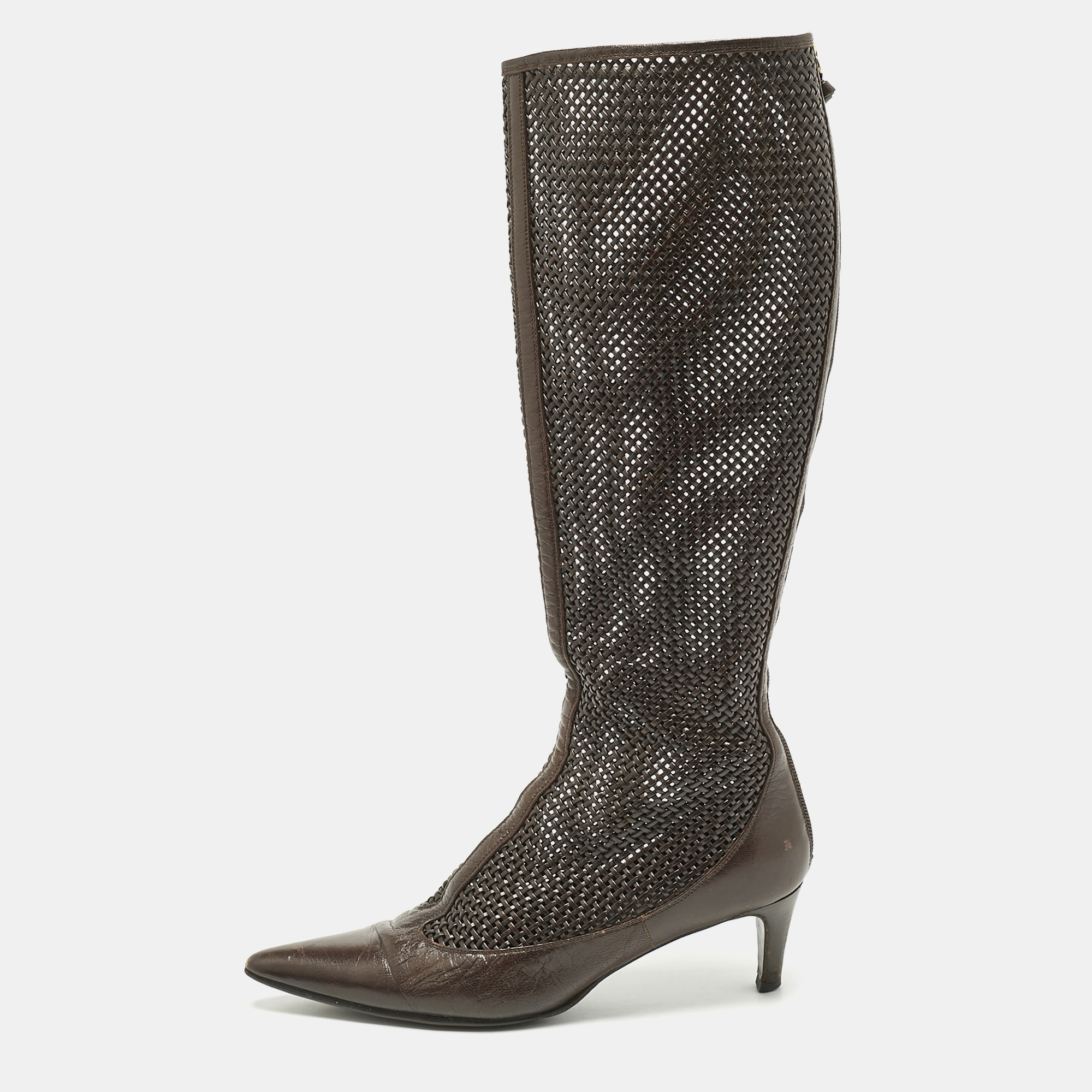 

Bottega Veneta Dark Brown Woven Leather Zipped Knee Length Boots Size