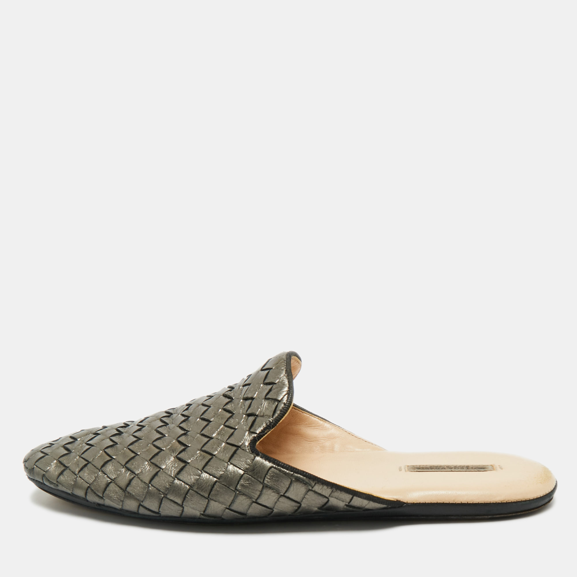 Pre-owned Bottega Veneta Metallic Bronze Leather Intrecciato Mules 38