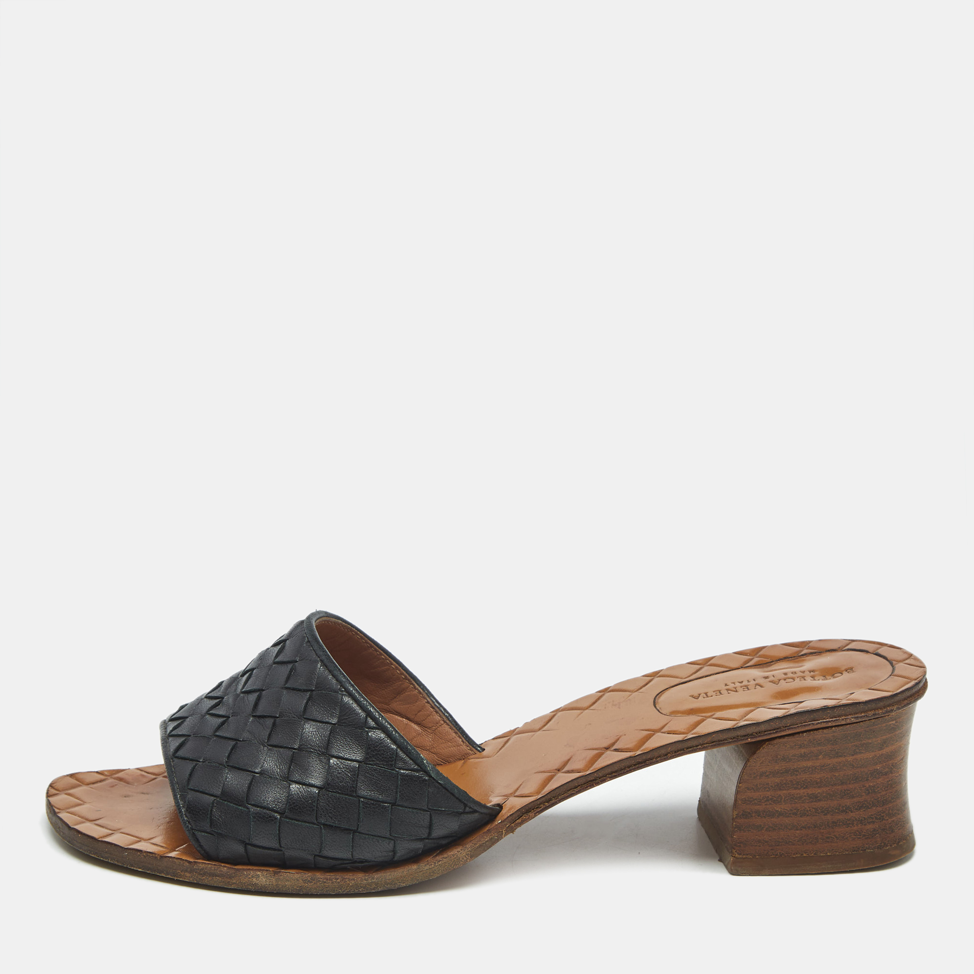 

Bottega Veneta Black Intrecciato Leather Slide Sandals Size