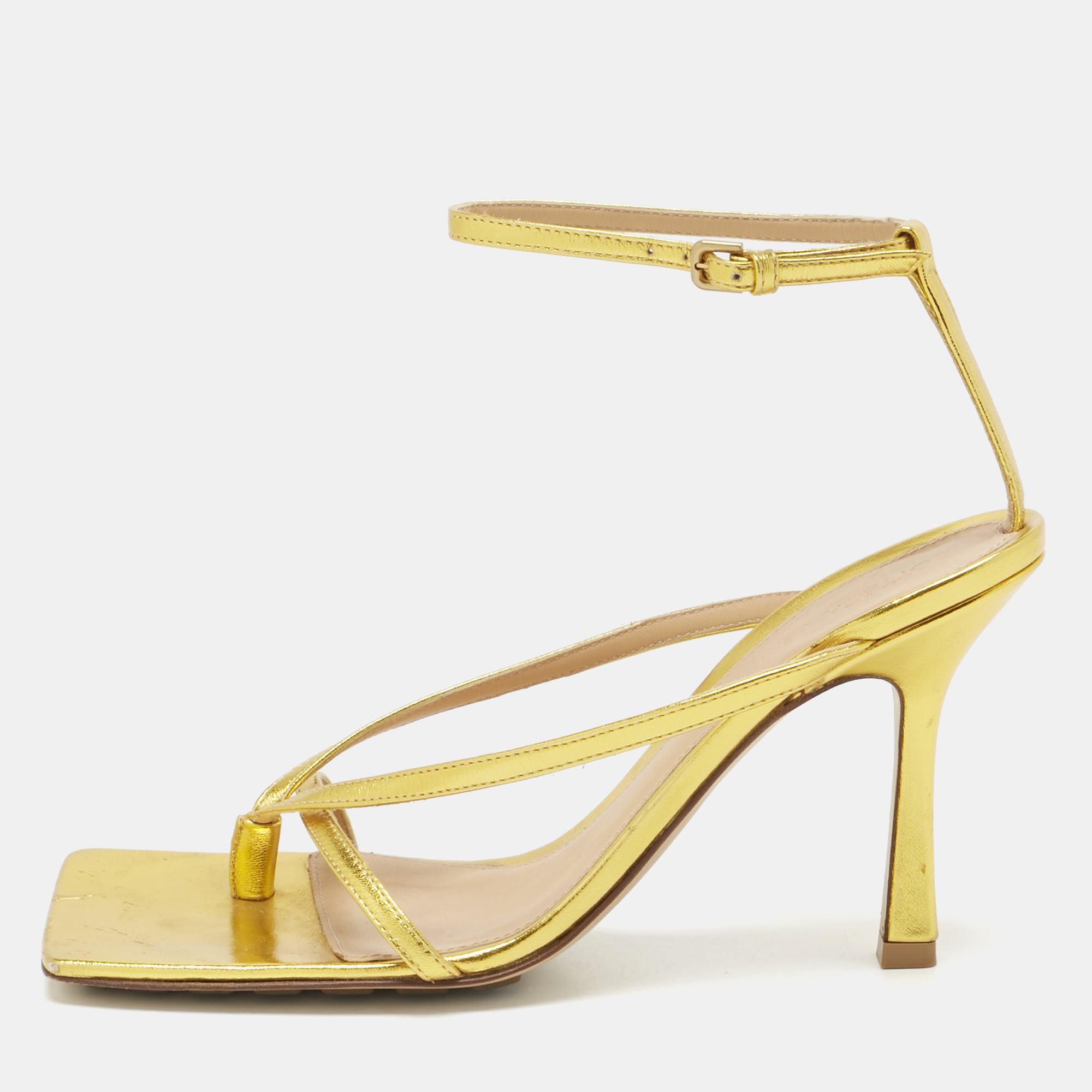 Bottega Veneta Gold Leather Stretch Ankle Strap Sandals Size 37.5