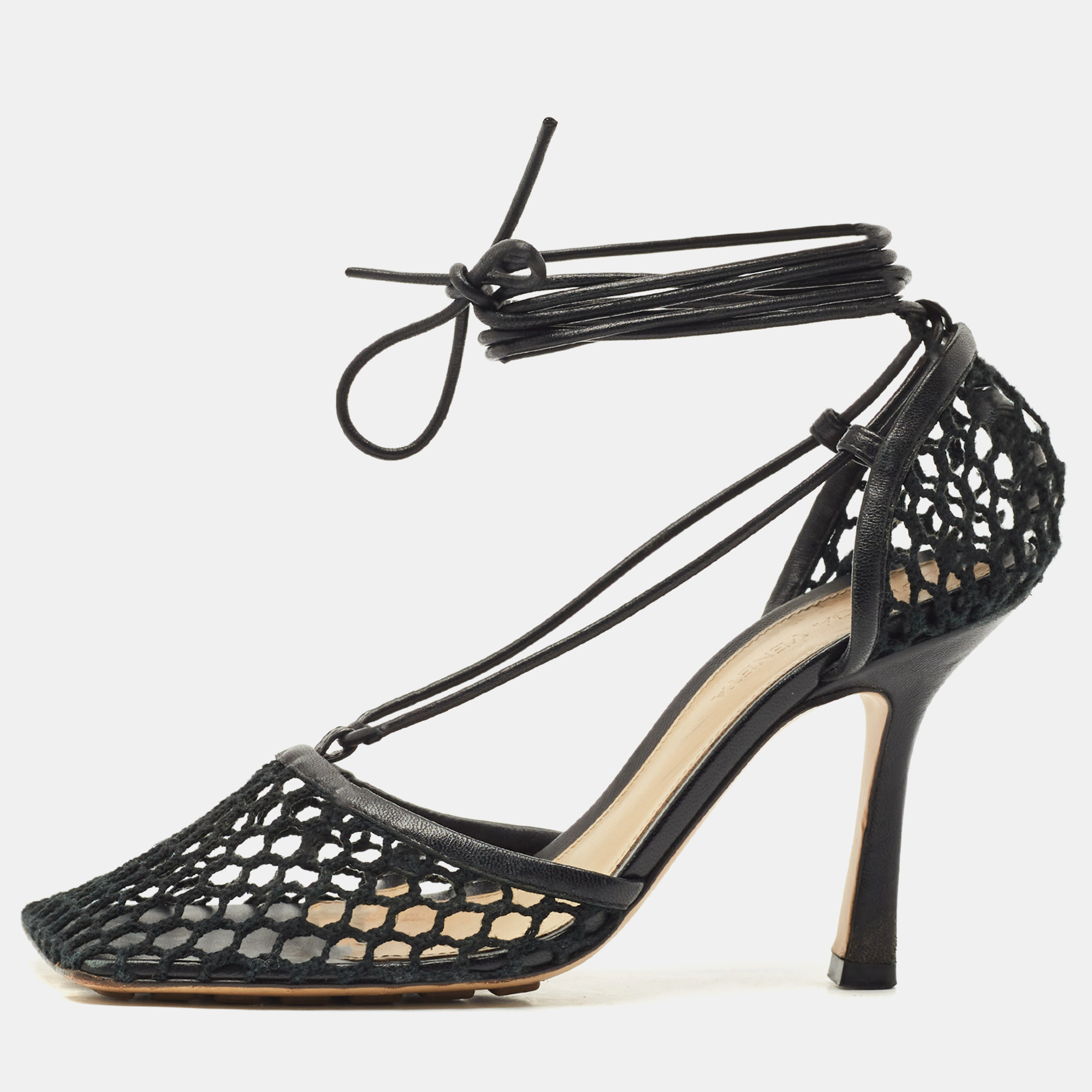 Pre-owned Bottega Veneta Black Crochet Mesh And Leather Stretch Ankle Wrap Pumps Size 36