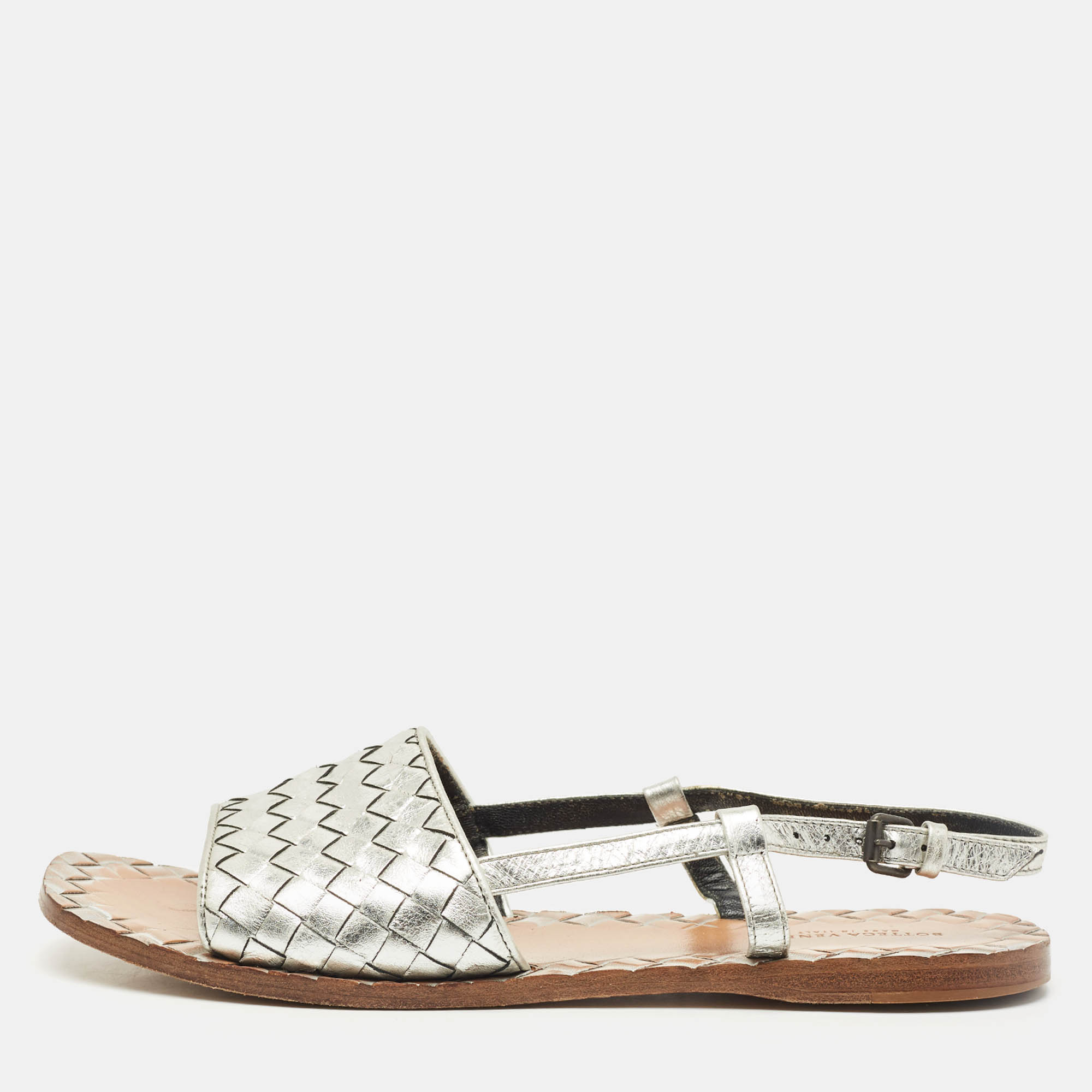 

Bottega Veneta Silver Intrecciato Leather Calvados Slingback Sandals Size
