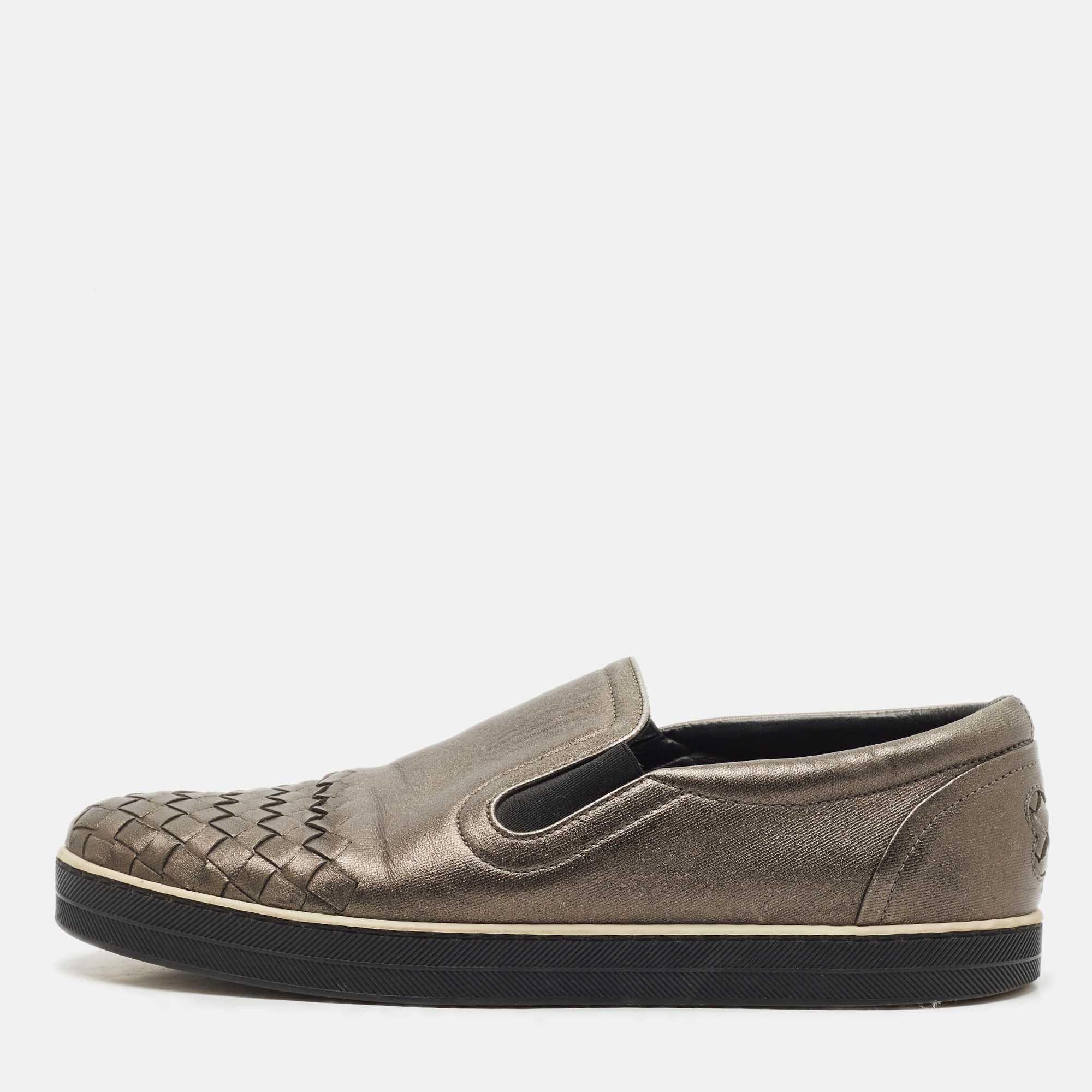

Bottega Veneta Metallic Grey Intrecciato Leather Slip On Sneakers Size