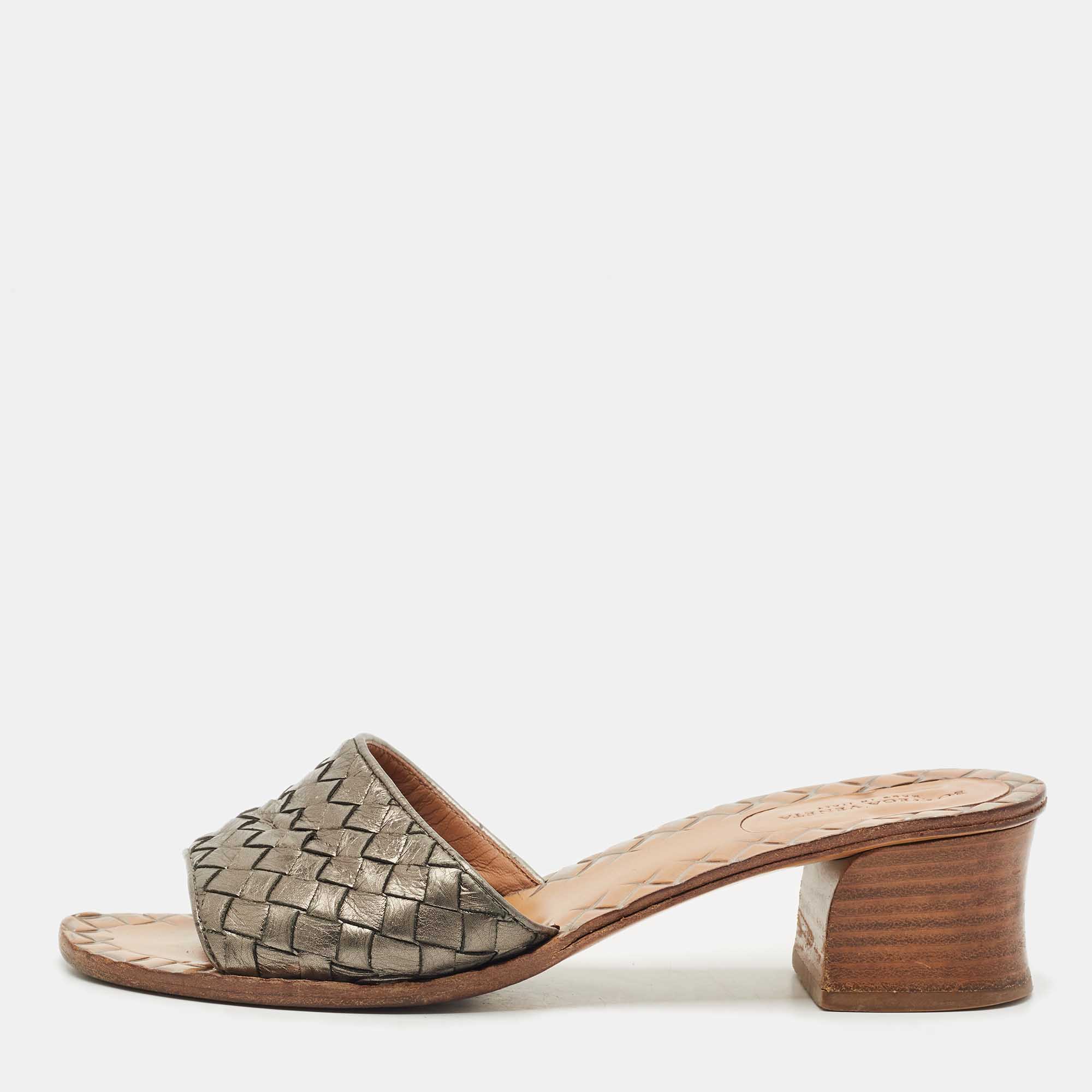 

Bottega Veneta Metallic Intrecciato Leather Ravello Slide Sandals Size