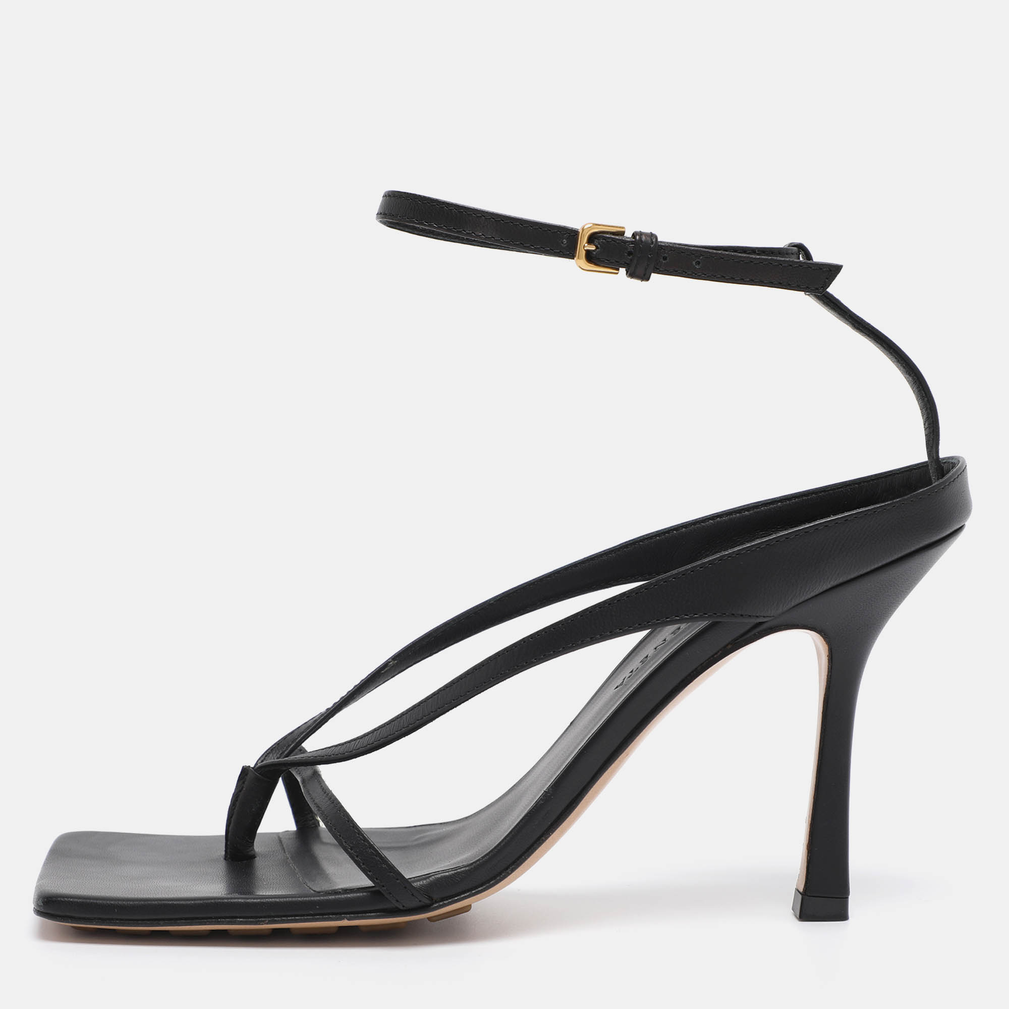 

Bottega Veneta Black Leather Stretch Square Ankle Strap Sandals Size