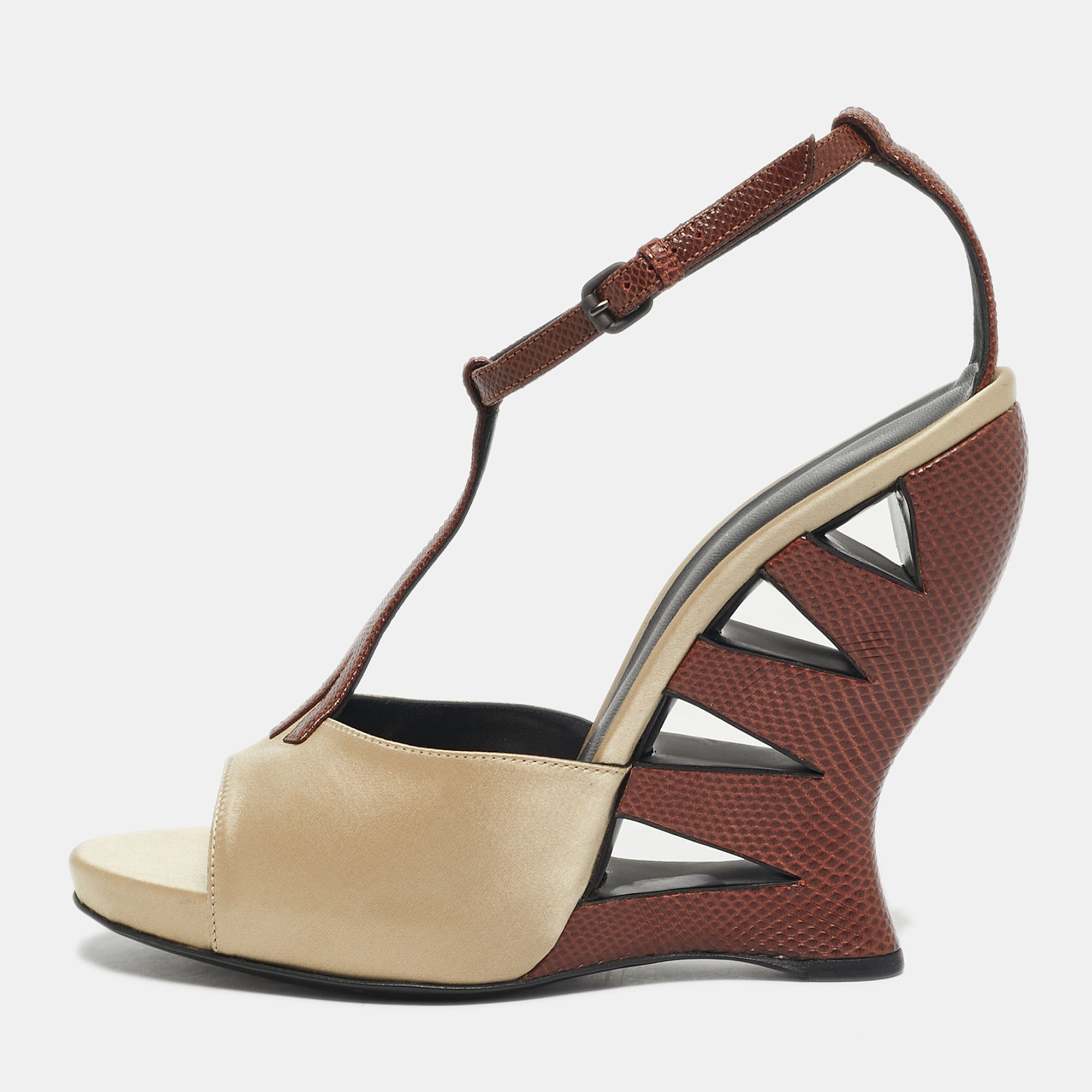 

Bottega Veneta Beige/Silver Lizard Embossed Leather and Satin Wedge Sandals Size, Brown