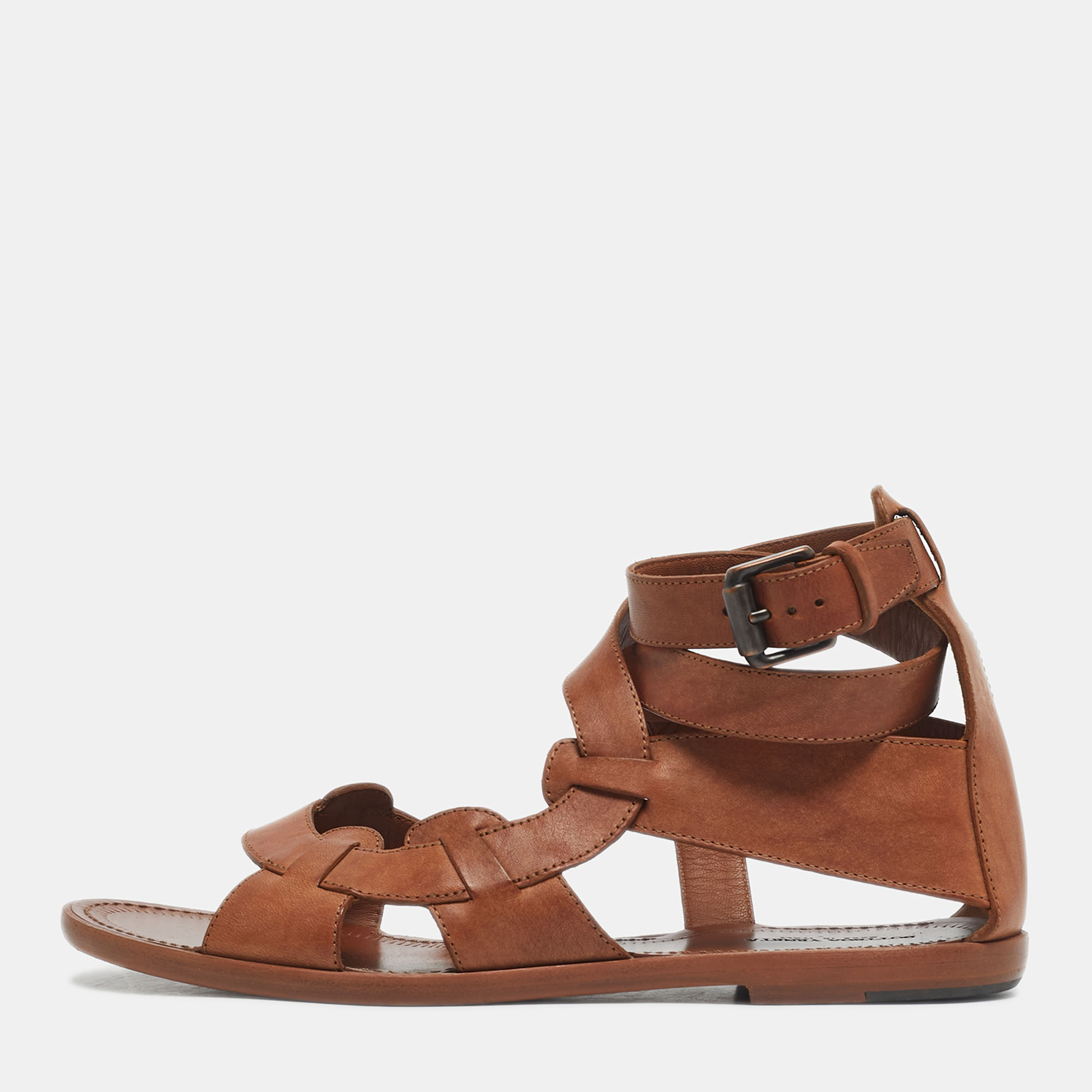 Pre-owned Bottega Veneta Brown Leather Ankle Wrap Flat Sandals Size 39