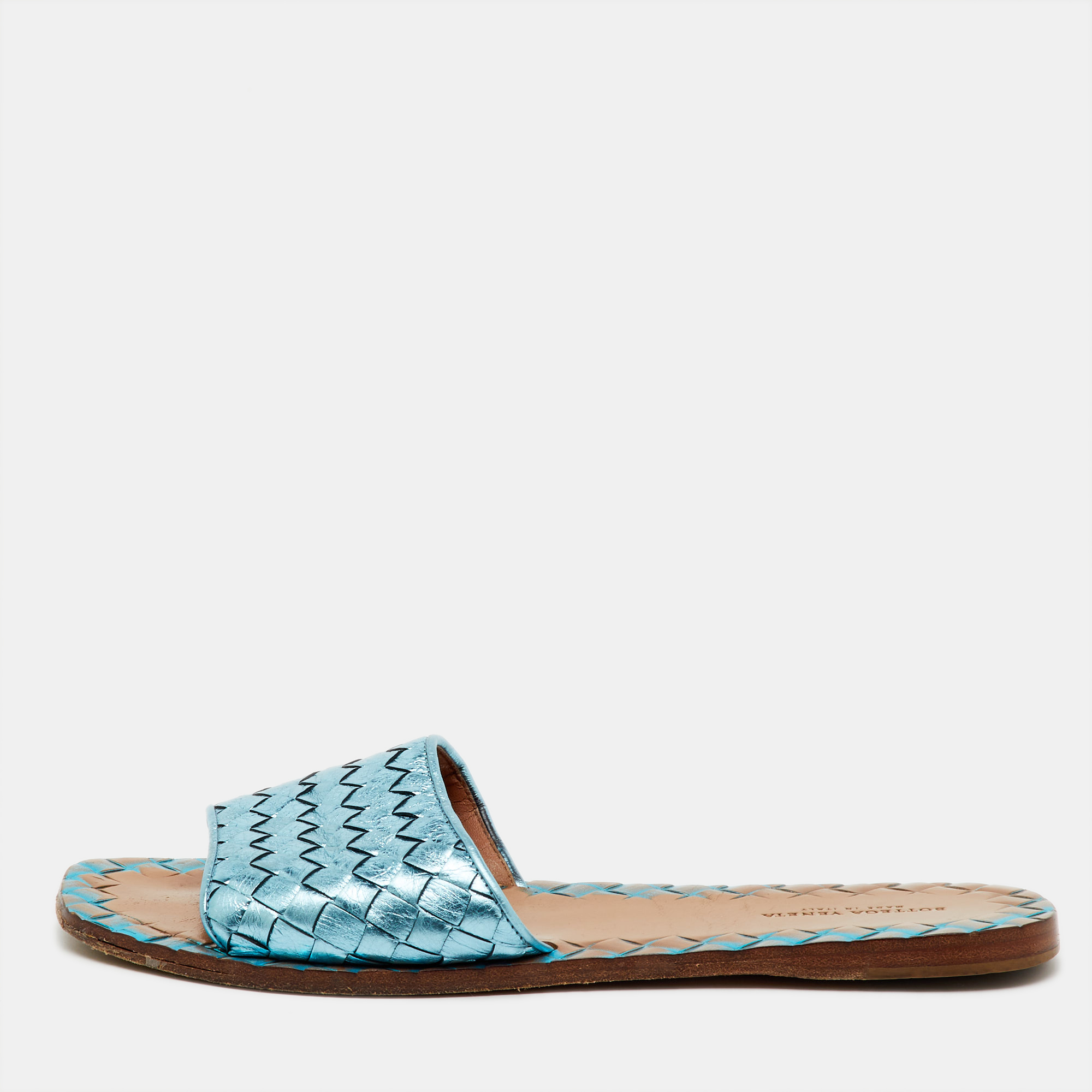 Bottega Veneta Metallic Blue Intrecciato Leather Flat Slides Size 37
