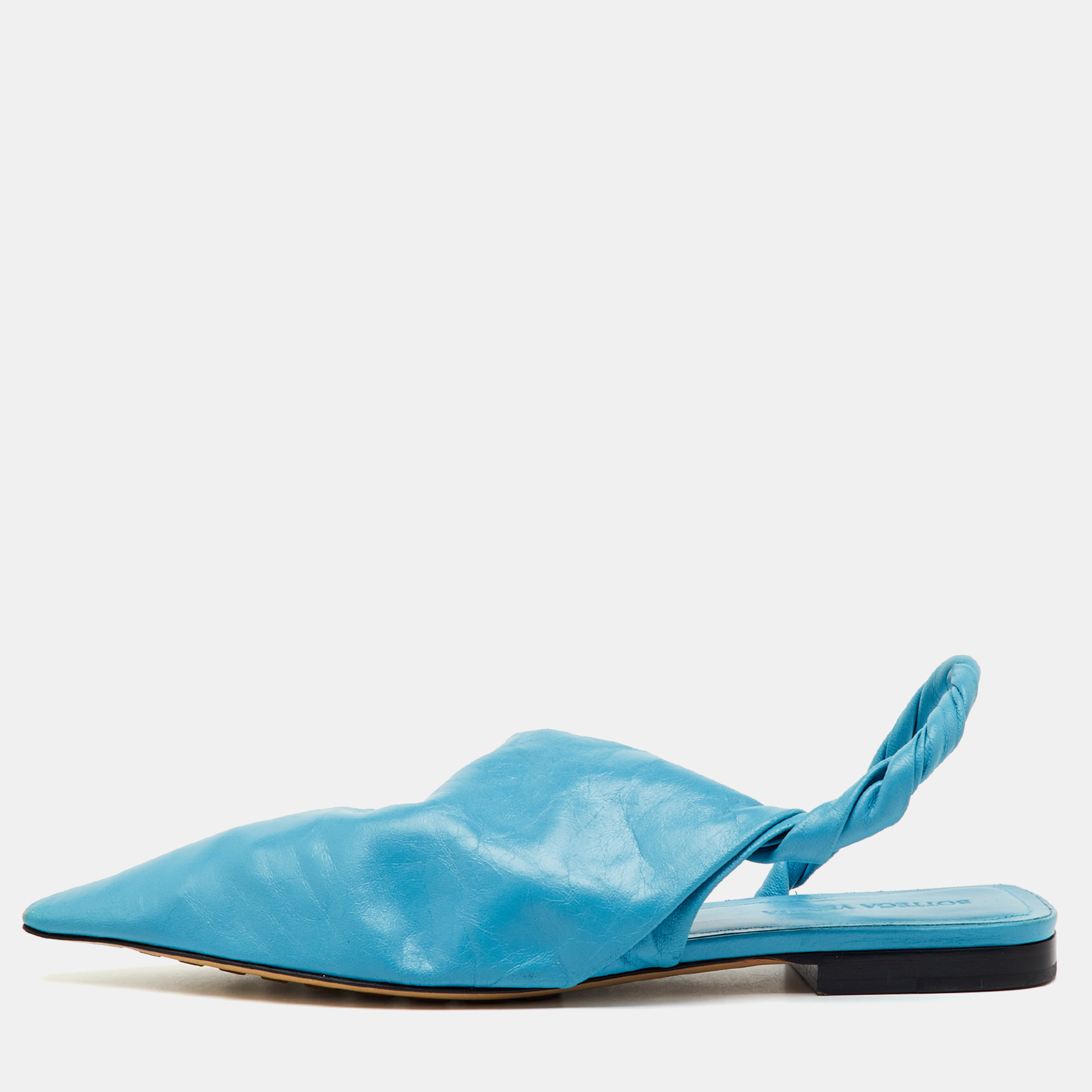Pre-owned Bottega Veneta Blue Leather Pointed Toe Twist Slingback Flats Size 37.5