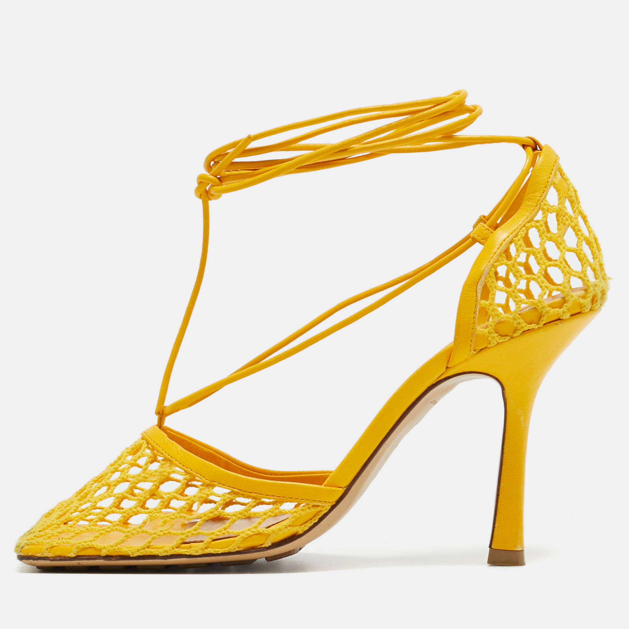 Pre-owned Bottega Veneta Yellow Leather And Mesh Ankle Wrap Pumps Size 37