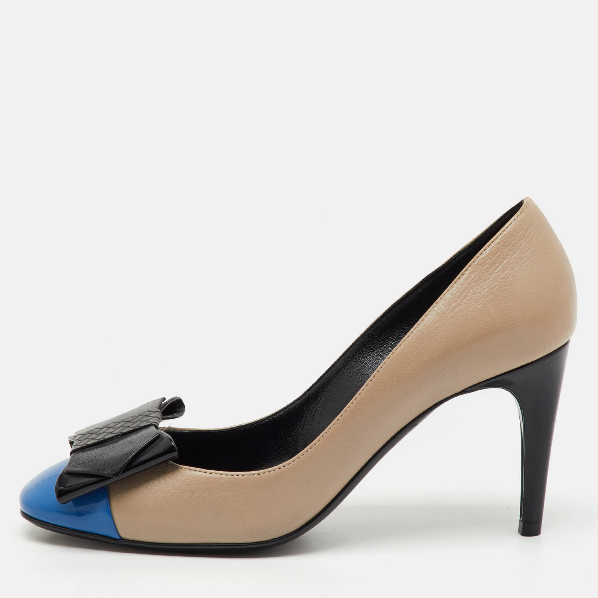 Pre-owned Bottega Veneta Tri Color Leather And Patent Cap Toe Bow Pumps Size 38 In Multi