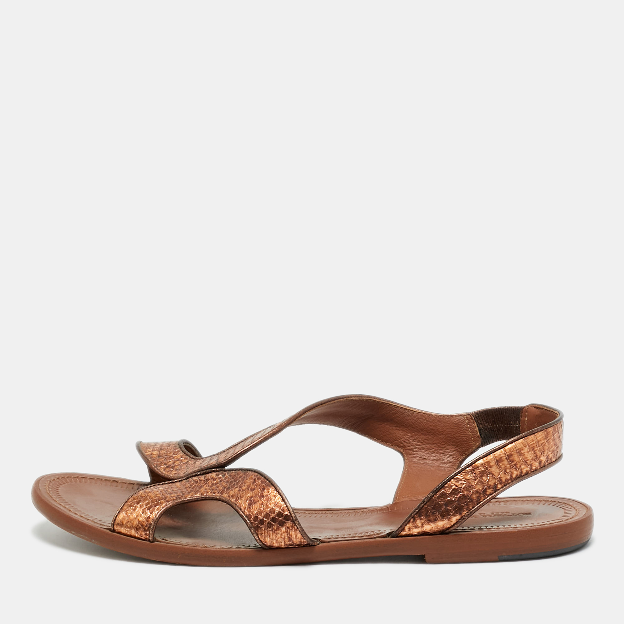 Bottega Veneta Metallic  Bronze Snakeskin Leather Ankle Strap Flats Size 40