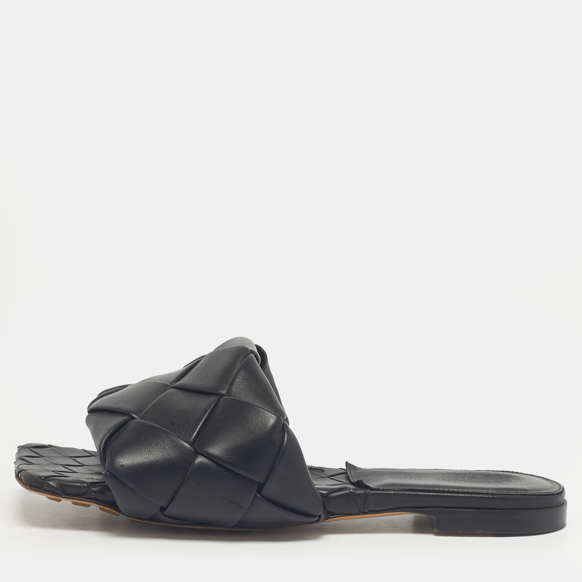 Pre-owned Bottega Veneta Black Woven Leather Lido Flat Slide Size 37.5