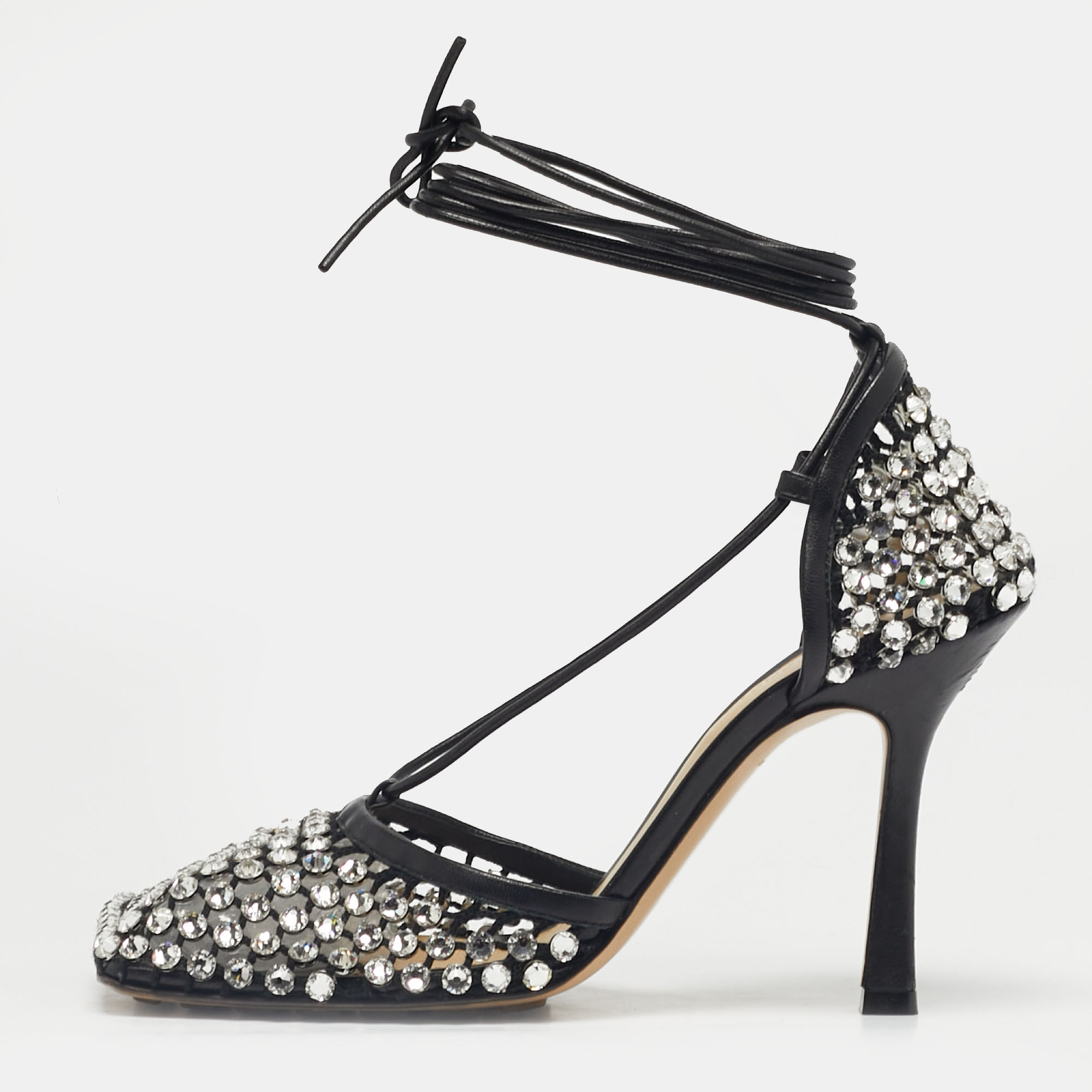 Pre-owned Bottega Veneta Black Leather And Stretch Mesh Wrap Around Pumps Size 38