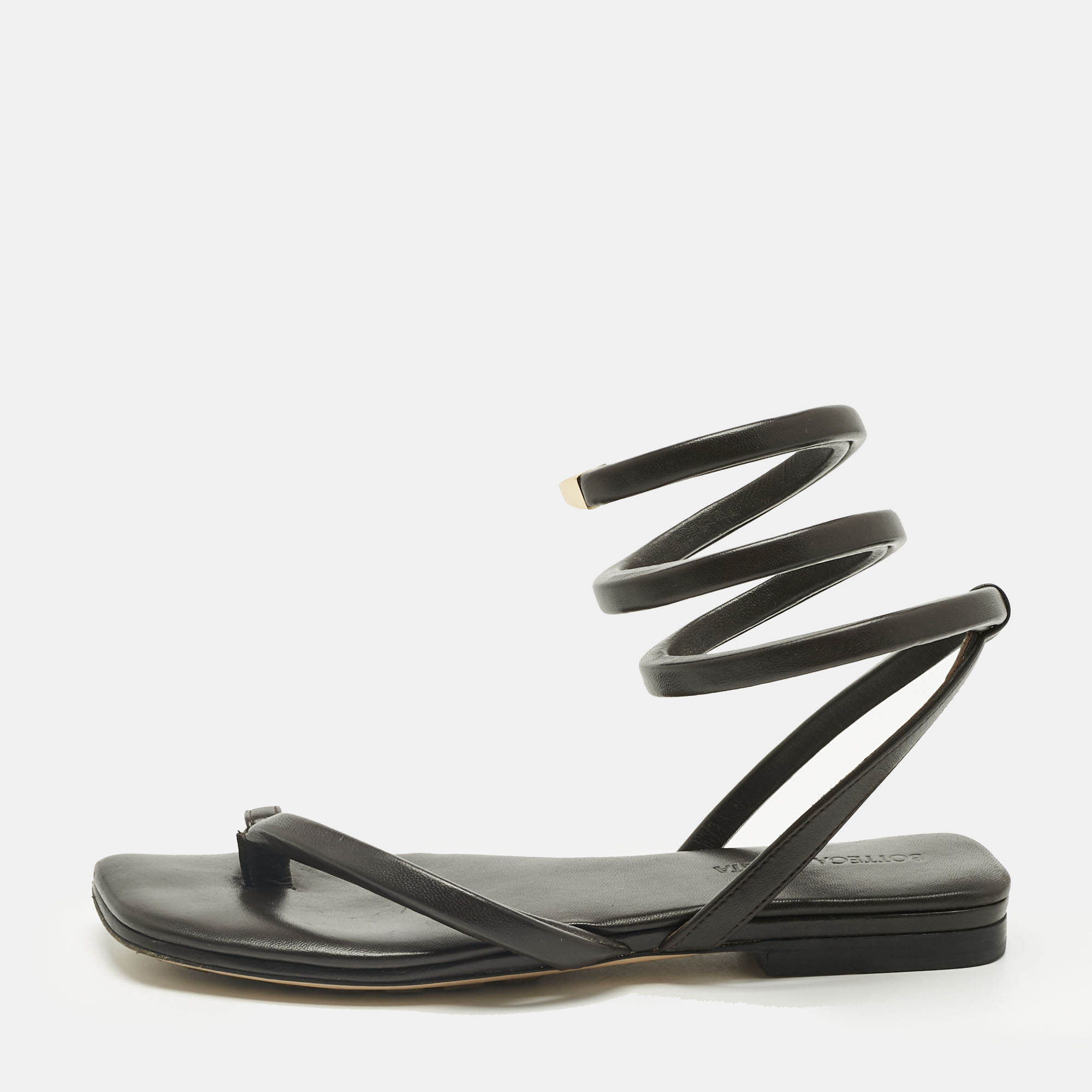 

Bottega Veneta Dark Brown Leather Spiral Flat Sandals Size