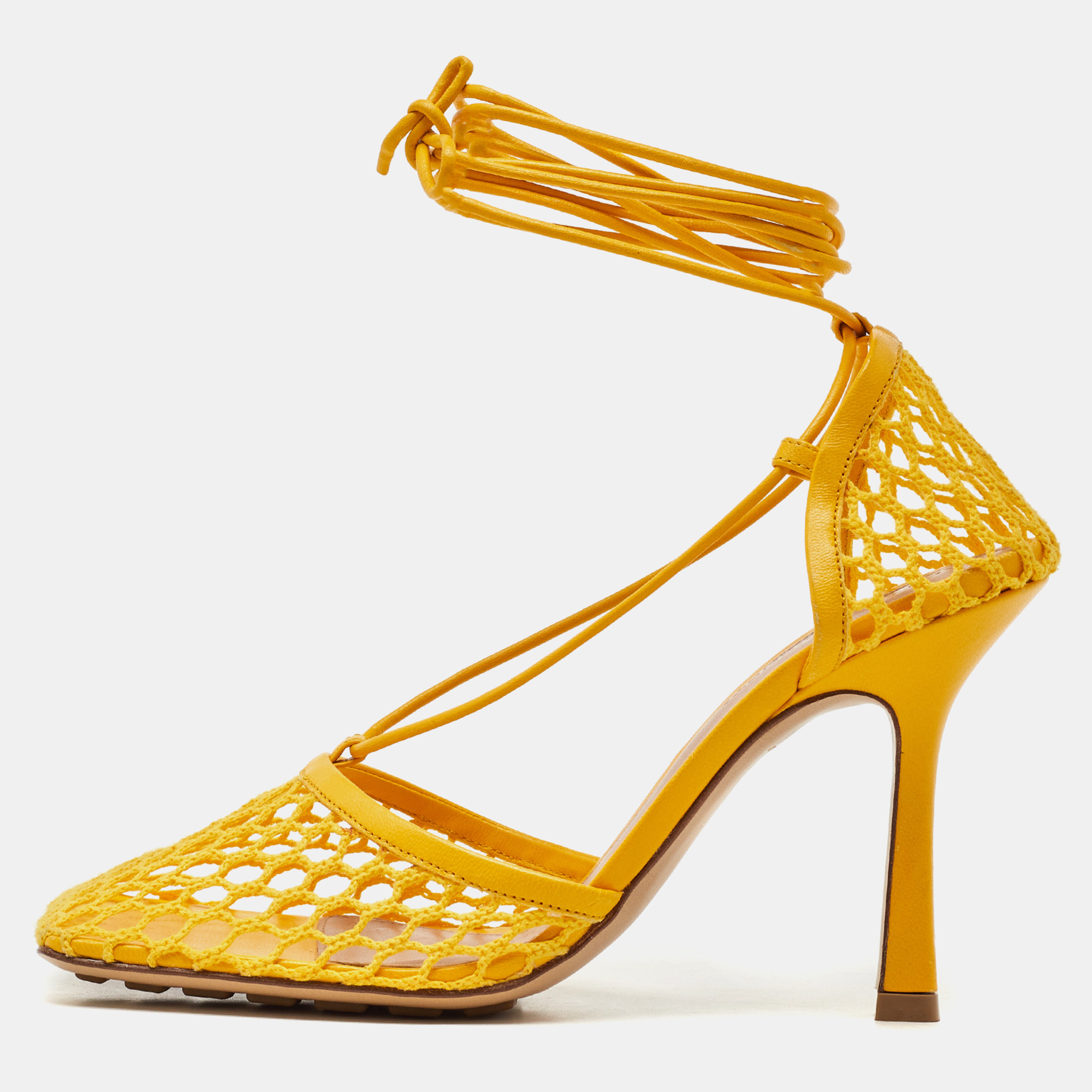 

Bottega Veneta Yellow Leather and Mesh Stretch Ankle Tie Up Sandals Size
