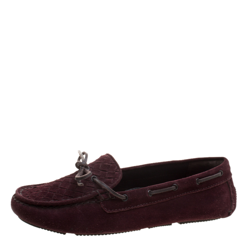 Pre Owned Bottega Veneta Bordeaux Intrecciato Suede Bow Moccasins Size 39.5