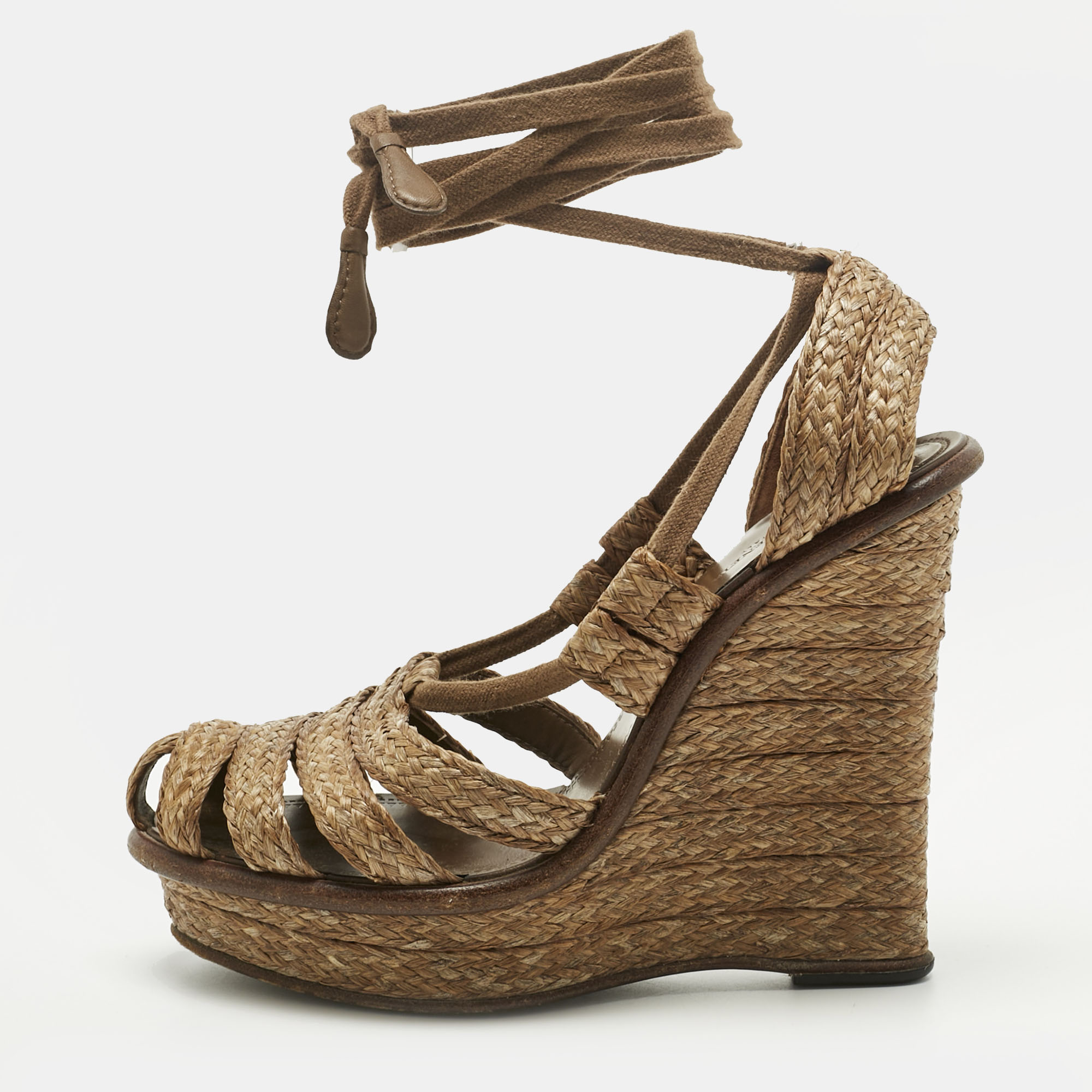 

Bottega Veneta Brown Raffia Ankle Wrap Wedge Sandals Size