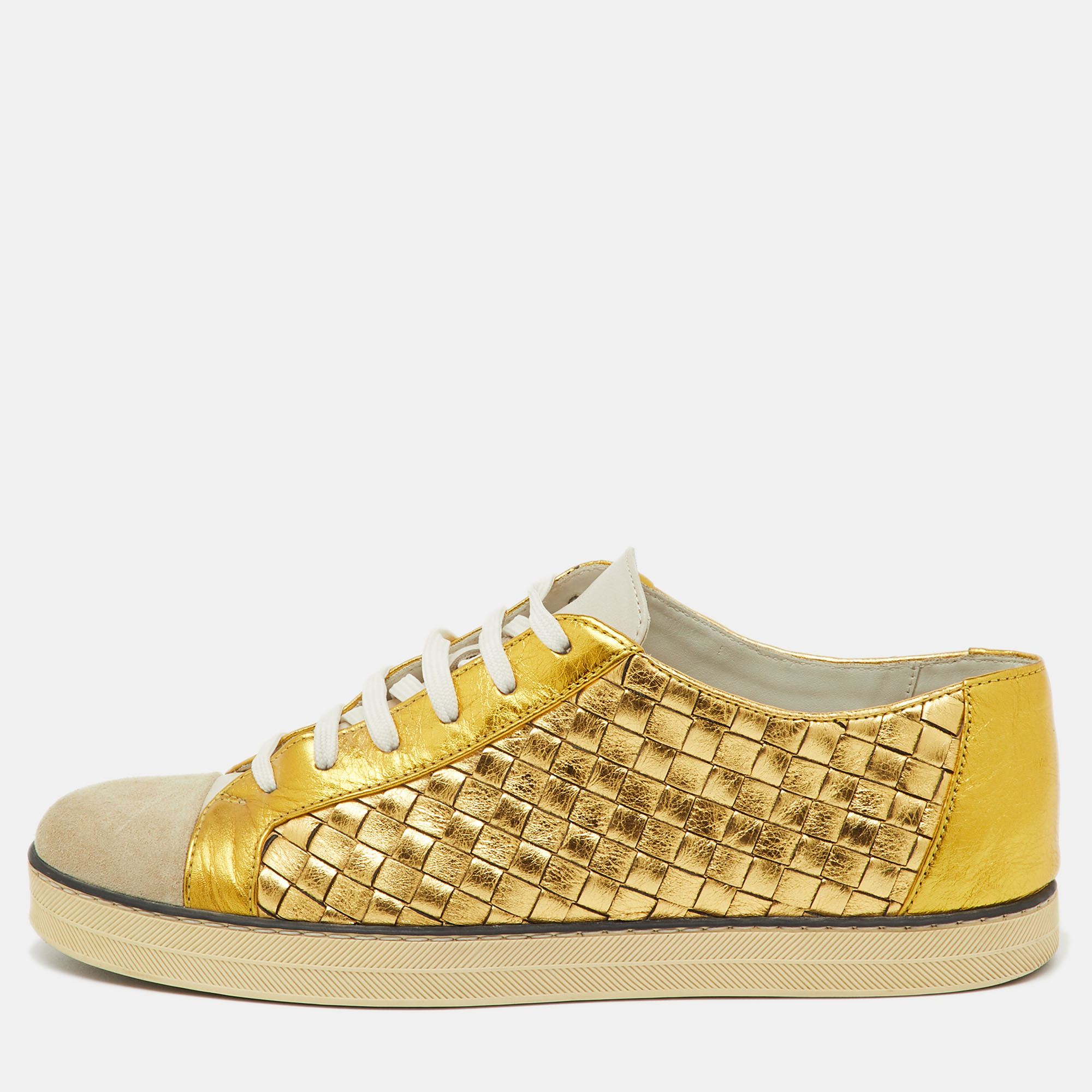 

Bottega Veneta Gold/White Intrecciato Leather and Suede Low Top Sneakers Size