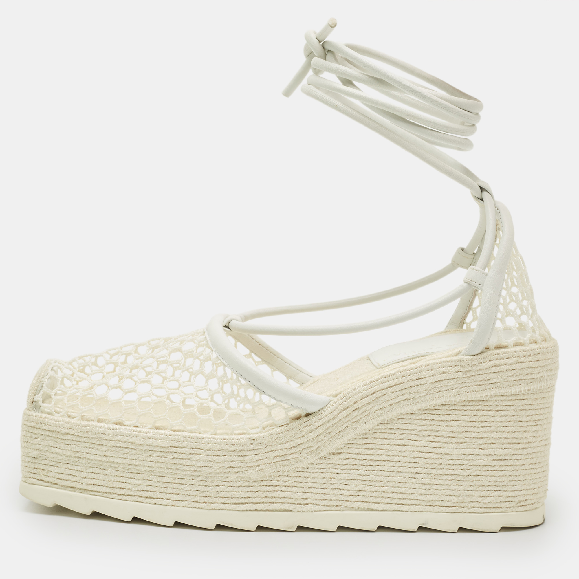 Pre-owned Bottega Veneta White Mesh And Leather Sporty Web Wedge Espadrille Sandals Size 39